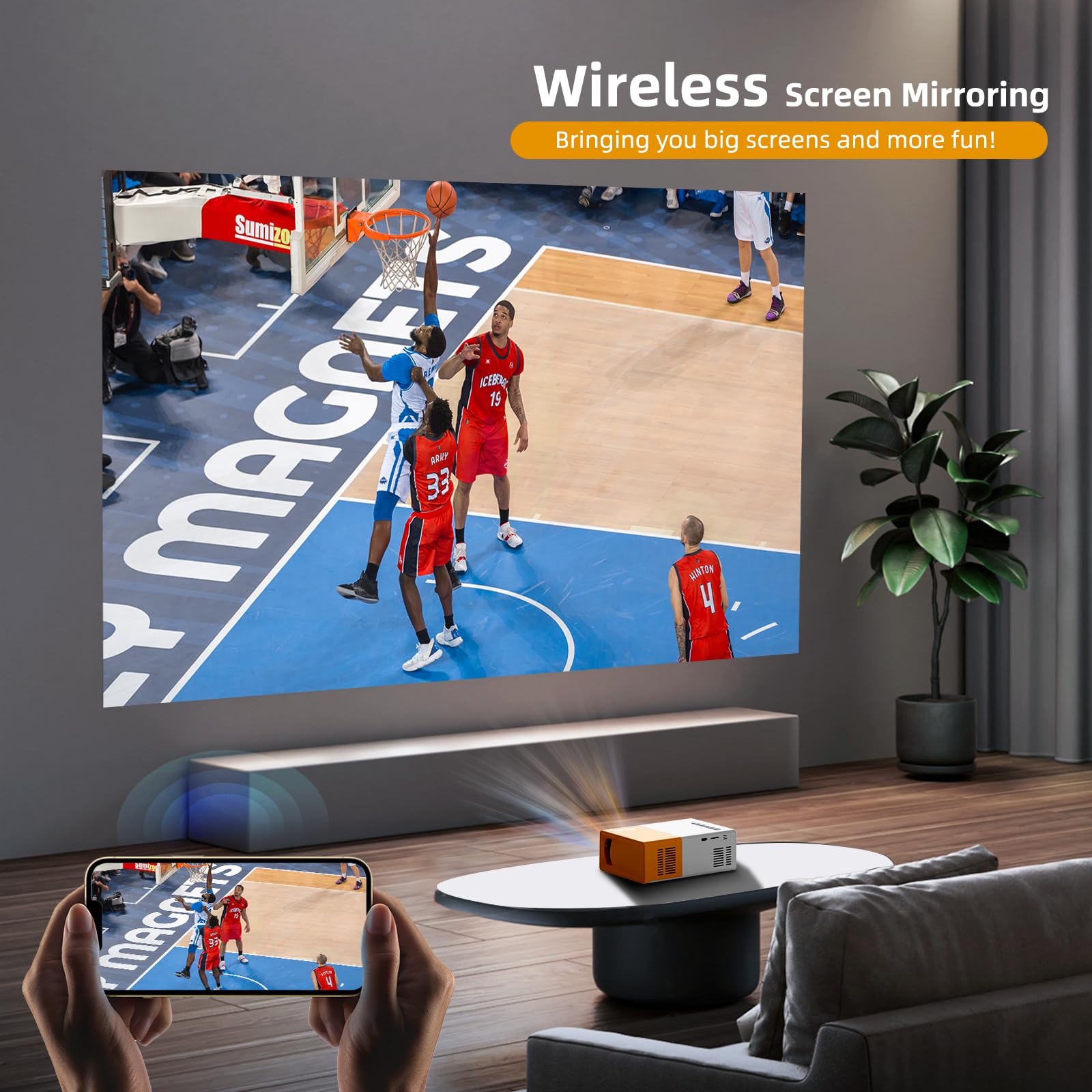 Proiettore PVO WiFi Film Portatile, Schermo del Telefono può Essere Specchiato al Proiettore in Modalità Wireless o Tramite Cavo Dati, Compatibile con Phone/Tablet/Laptop/TV Stick/USB (YG300ProMax)