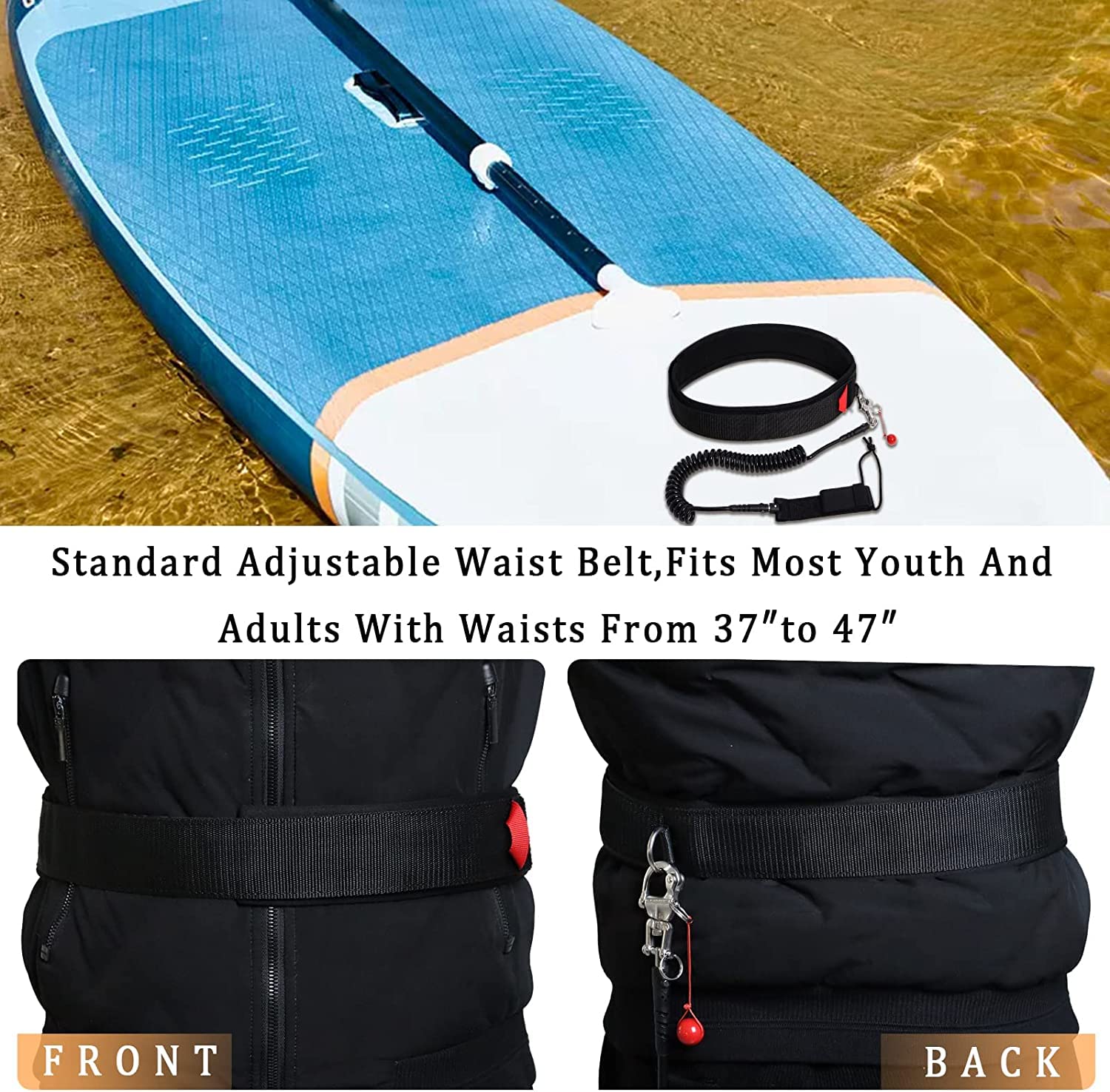 Poweka Surfboard Waist Leash 10ft x 7mm, Hüftgurt SUP für Paddleboard kompatibel mit Allen Paddelbrett-Spiralgurten, Verstellbarer Hüftgurt mit Schnellverschluss für Surfen Wassersport