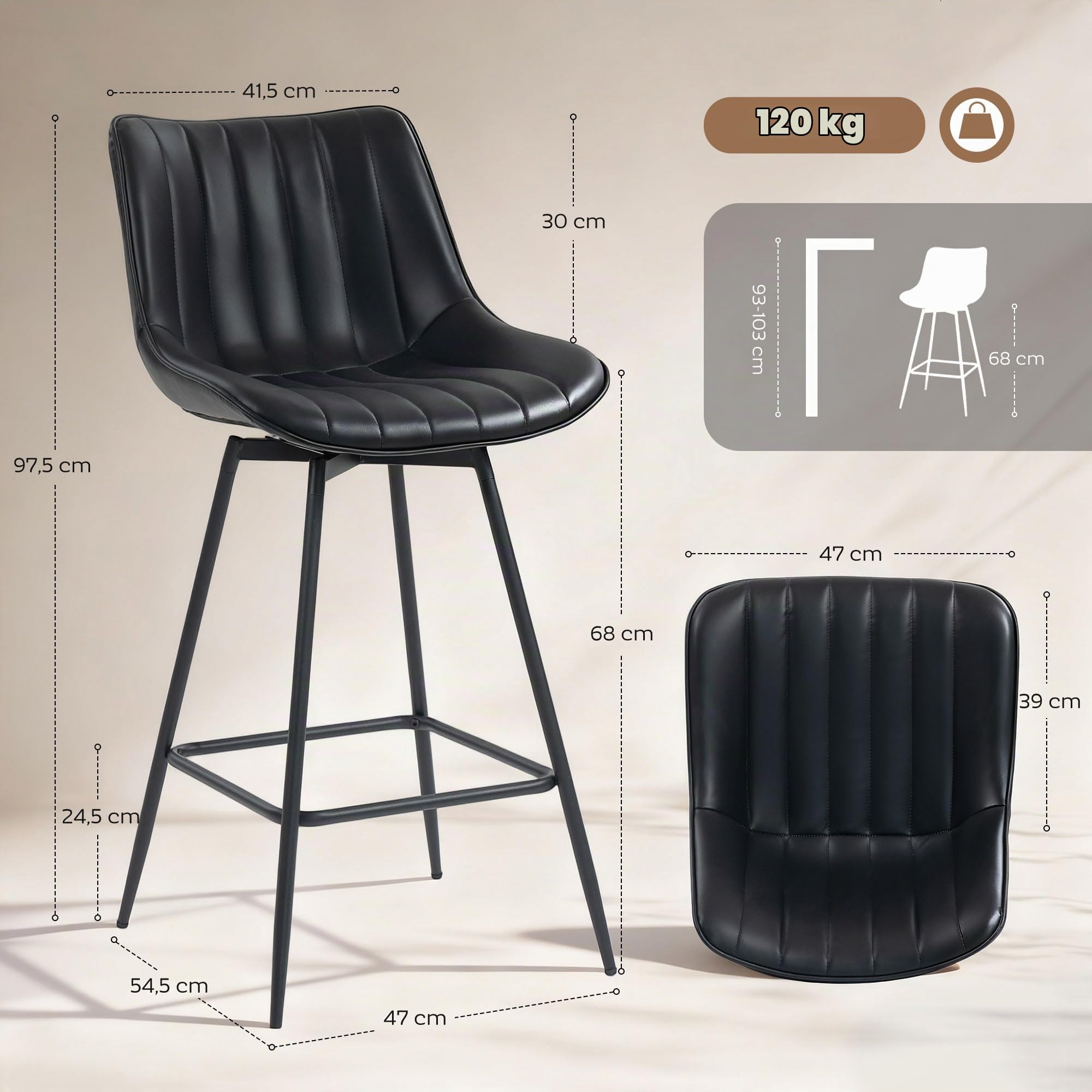 HOMCOM Juego de 2 Taburetes de Bar Giratorios con Reposapiés Negro | Taburetes Altos de Cocina con Respaldo Curvado, Tapizado en PU, Marco de Acero, Sillas Altas de Cocina para Comedor, Salón