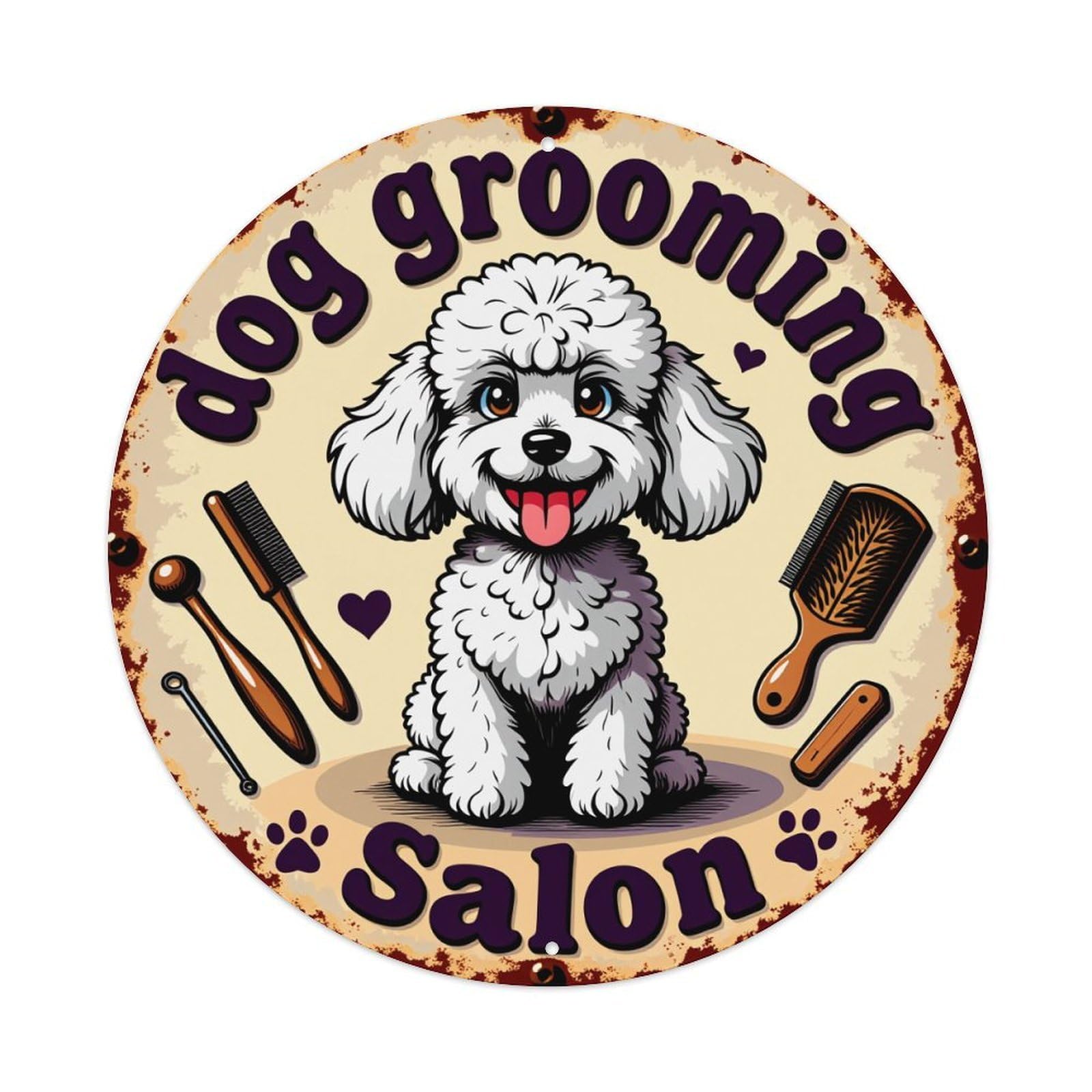 Dog Grooming Salon Sign Round Tin Sign Vintage Metal Poster, Home Bar Garage Man Cave Cafe Indoor & Outdoor Wall Decoration 8x8Inches