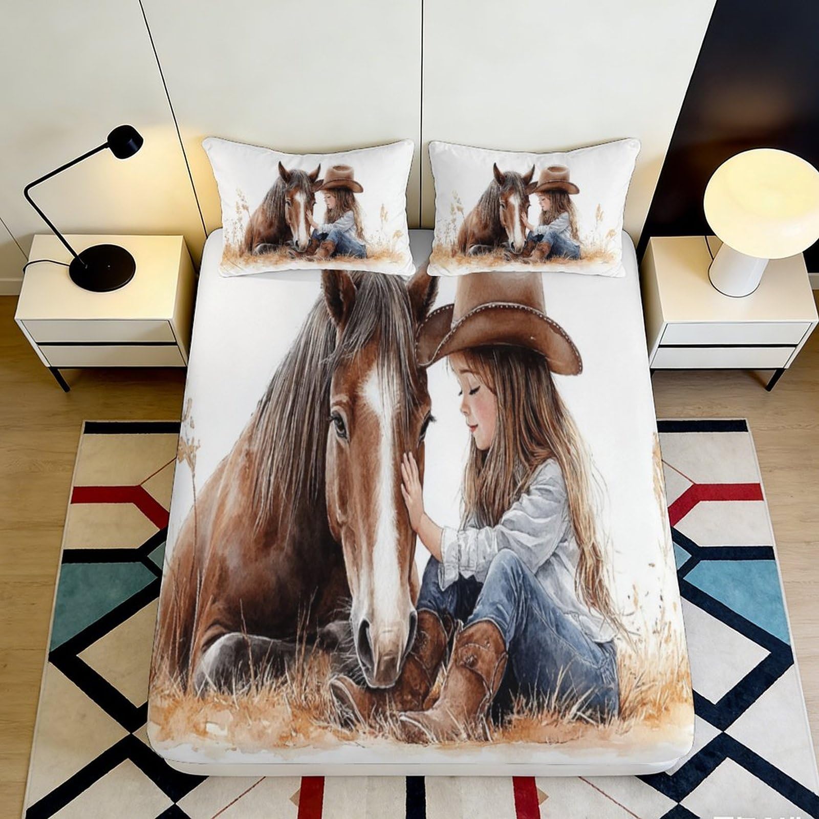 3D Printed Cowboy Horse Fitted Sheet Microfiber Soft Breathable Wild West Bed Cover for Bedroom Decor 90x200x25cm