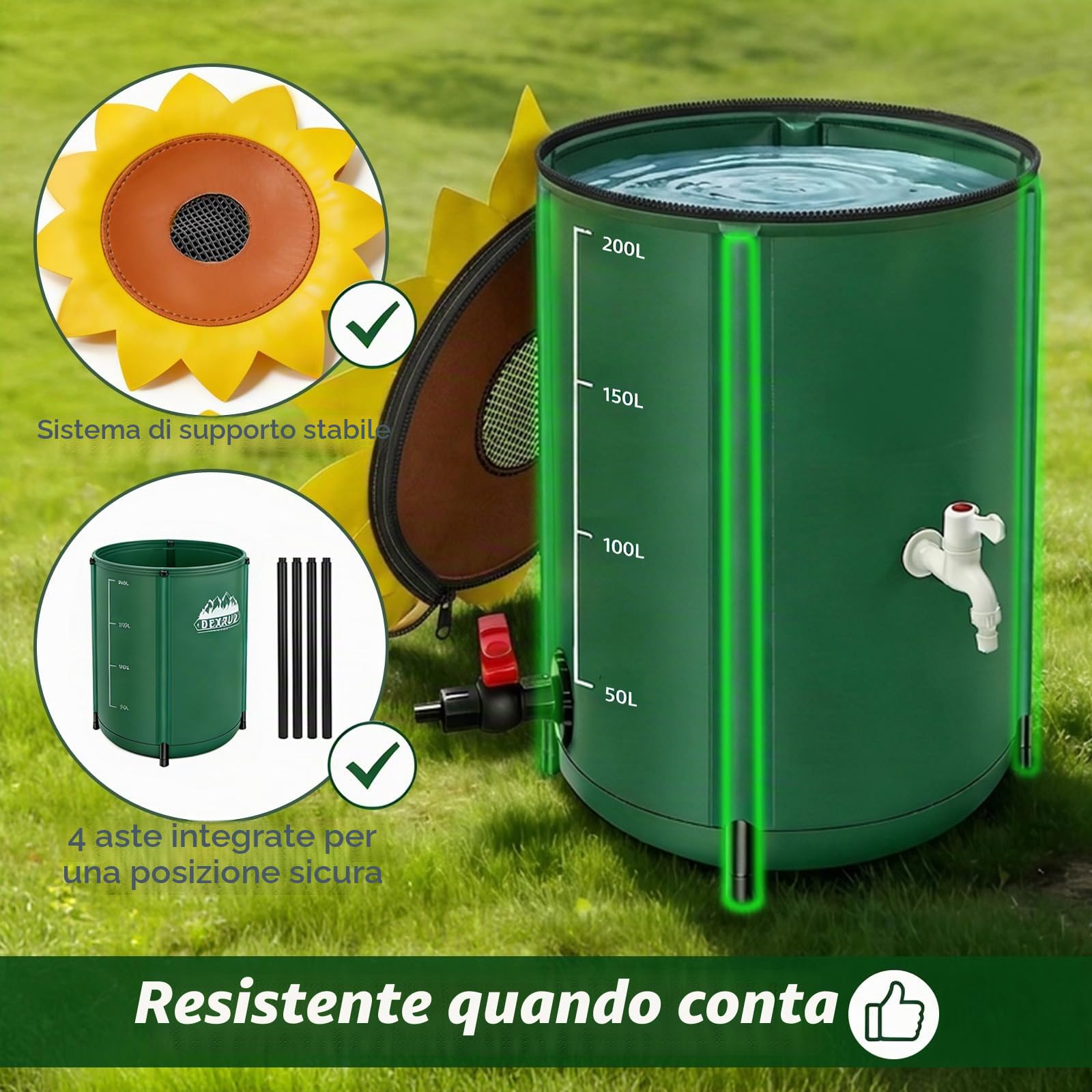 Cisterna pieghevole da 200 litri, a forma di fiore, serbatoio dell'acqua piovana con rubinetto, serbatoio dell'acqua piovana impermeabile con tappo e kit di troppopieno, serbatoio d'acqua da giardino