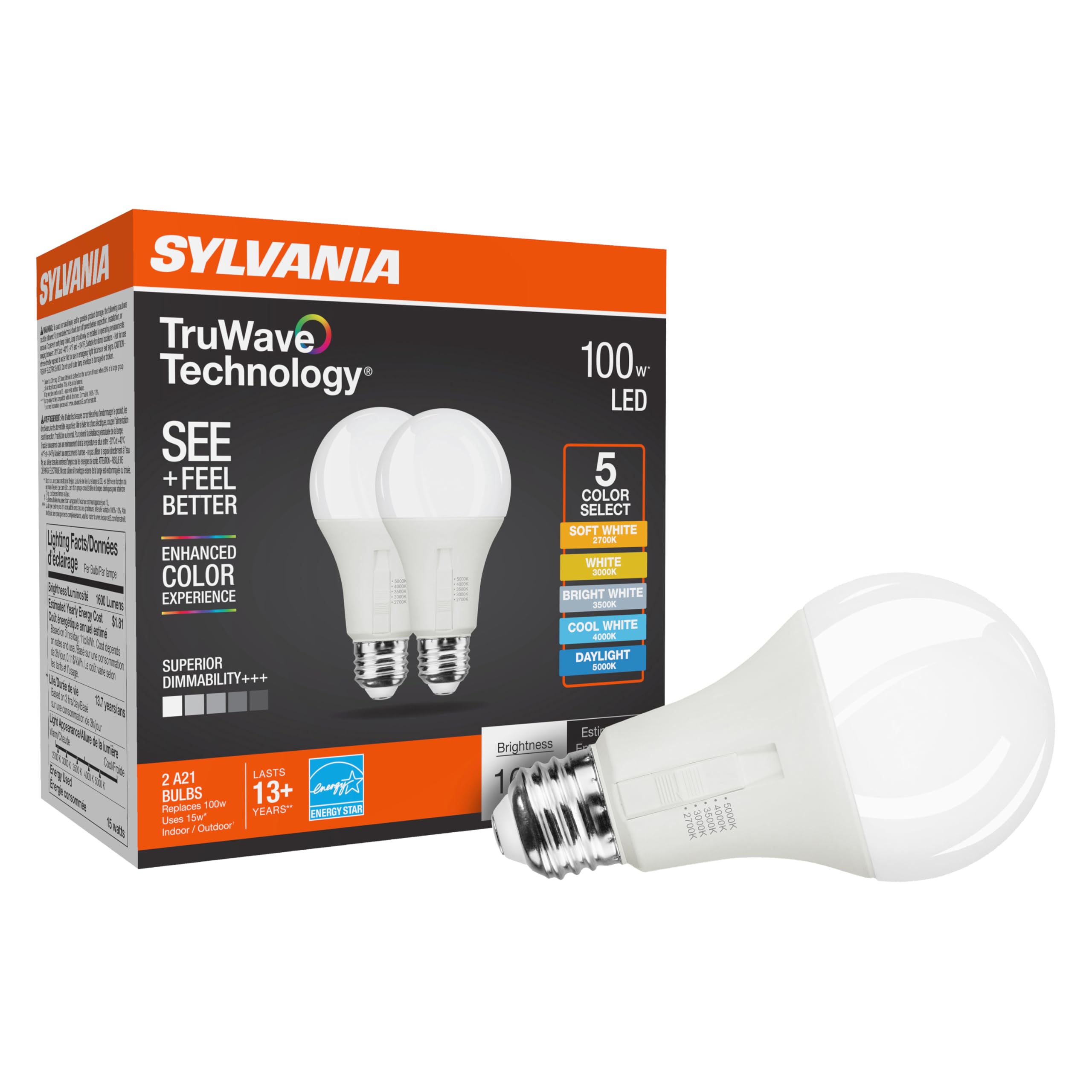 LEDVANCE Sylvania TruWave A21 LED Light Bulb, 15W = 100W, 5 CCT Select 2700/3000 / 3500/4000 / 5000K, Dimmable, 1600 LMS, Frosted Finish (42110) 2 Count (Pack of 1)