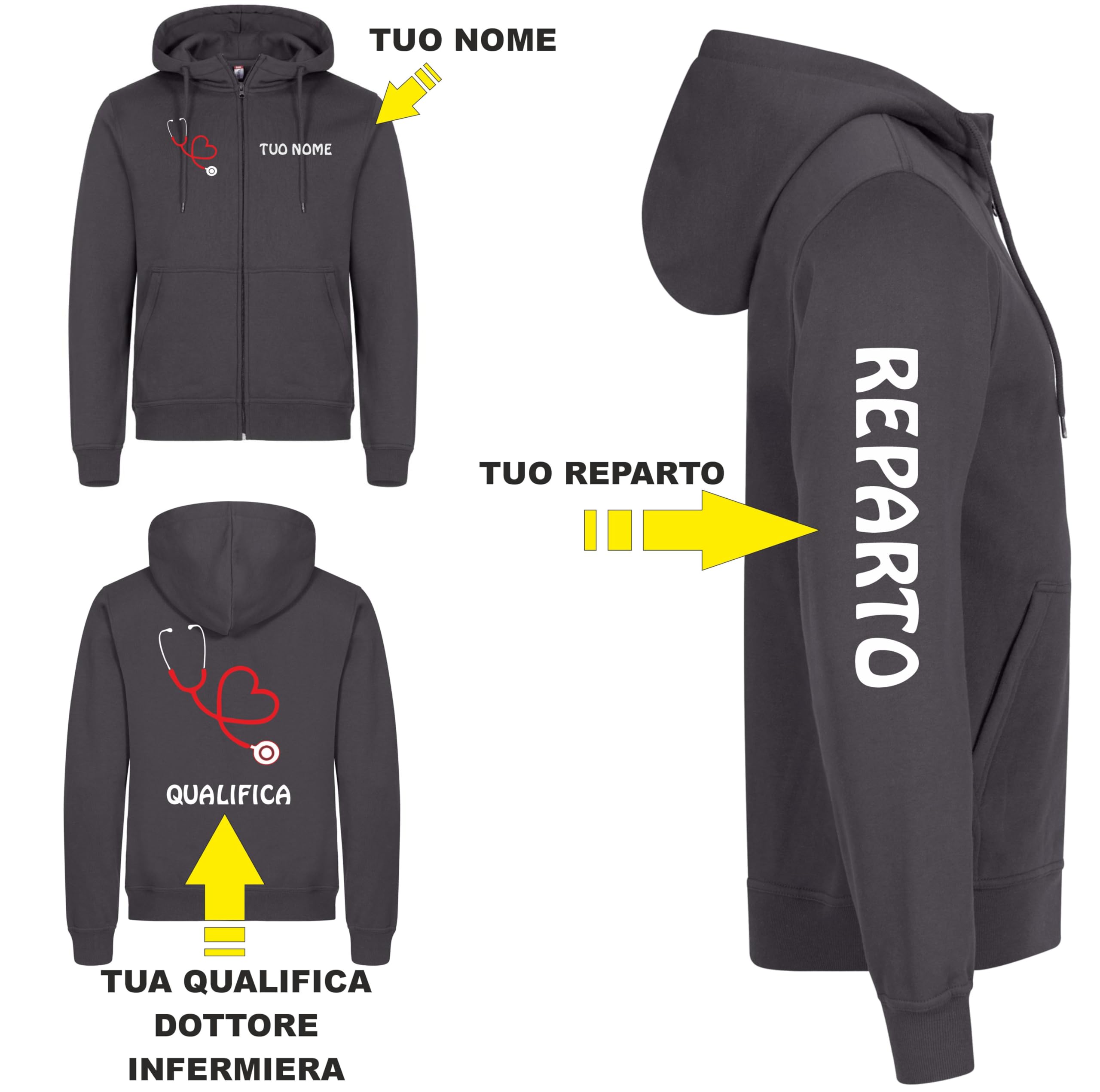 Felpa Unisex Personalizzabile Infermiera Dottoressa Dottore Infermiere Oss Stetoscopio Cuore | Felpa 260 gr Leggera Con Cappuccio e Zip Lunga | Personalizzabile Con Nome Qualifica e Reparto PS 46617