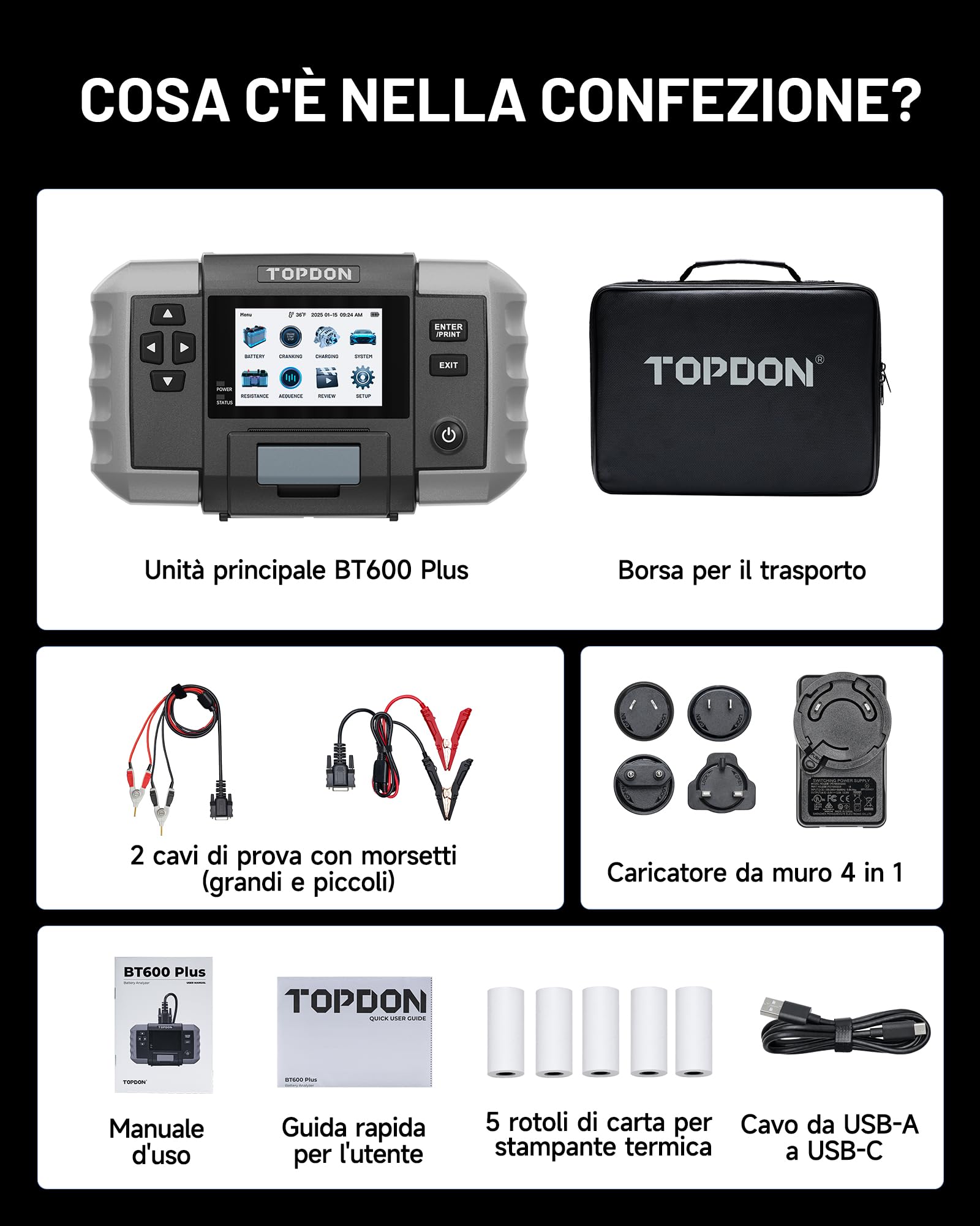 TOPDON BT600 Plus Tester Batteria Auto 6V 12V 24V, Analizzatore di Batterie, Test di Avviamento/Carica/Sistema 12V/24V, Test di Resistenza e Sequenza, Schermo 3,5" con Batteria Integrata e Stampante