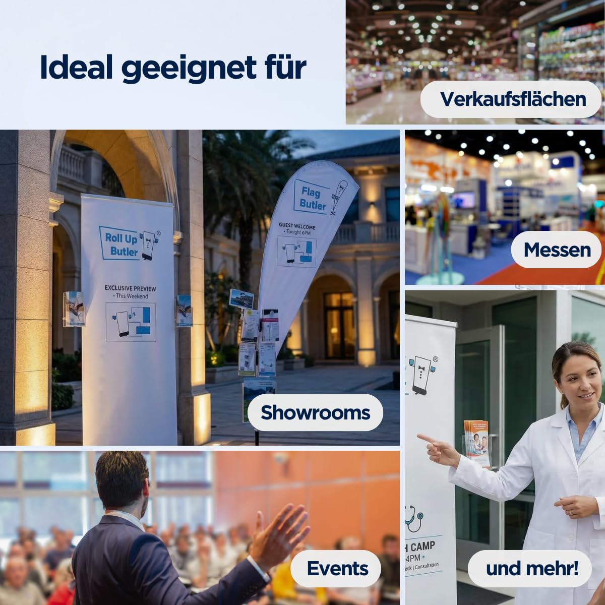 Flyerhalter mit 2 DIN-lang Akrylboxen für Roll-Up – Prospekthalter für Flyer, Broschüren & Tablets – für Messe, POS & Verkauf (Breiter Flyerhalter für Roll-Ups)
