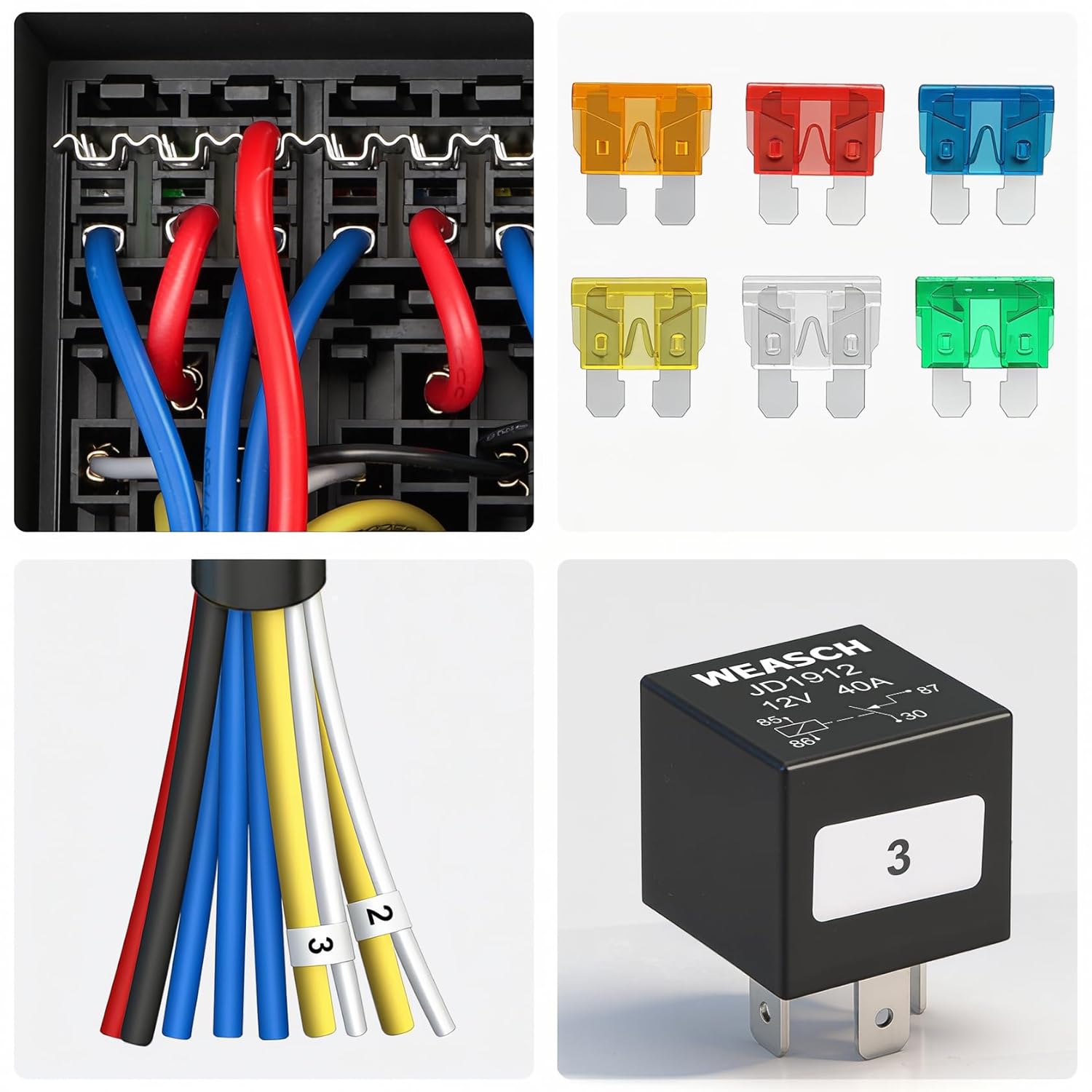 12V 9 Way Pre-Wired Fuse Relay Box, 3 Relays and 9 ATC/ATO Blade Fuses, 4-Pin 40A Relay Block and Kit, for Cars Truck Marine Boat Jeep