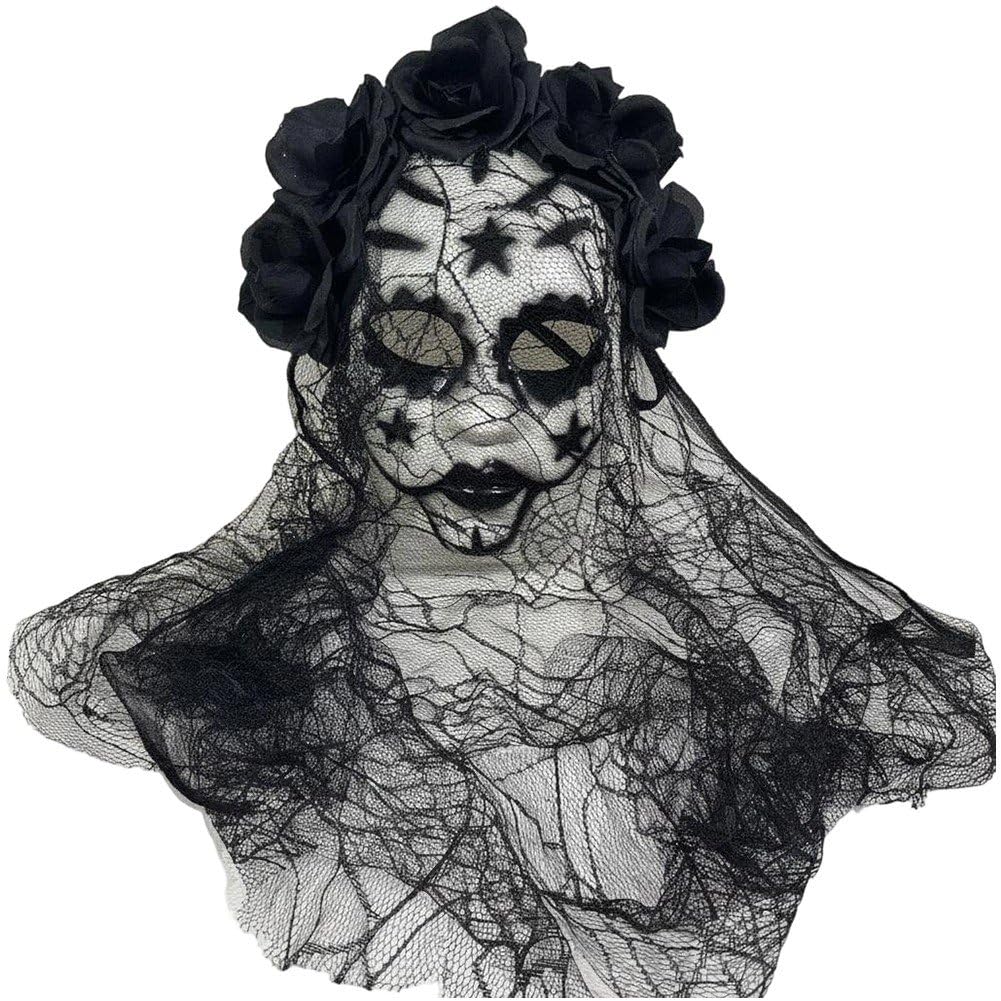 Day of the Dead Sugar Skull Mask with Veil Rose Flower Crown Mexican Mask for Halloween Cosplay Costume Accessory โ image 1