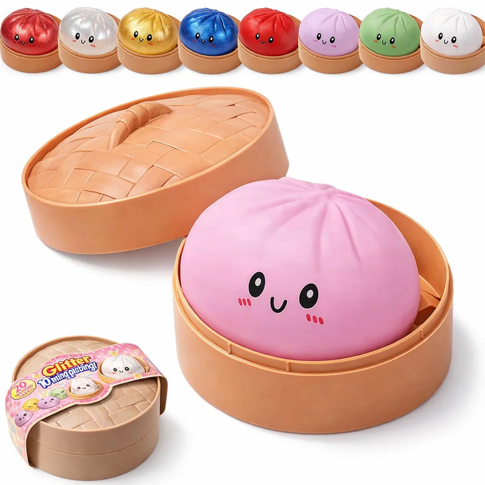 Dumpling Squishy, Squishy Dumpling Toy, Glitter Dumplings Squishiest Toy with Steamer Box, Stress & Anxiety Relief Toys for Kids & Adults Non-Edible (White) — view 24