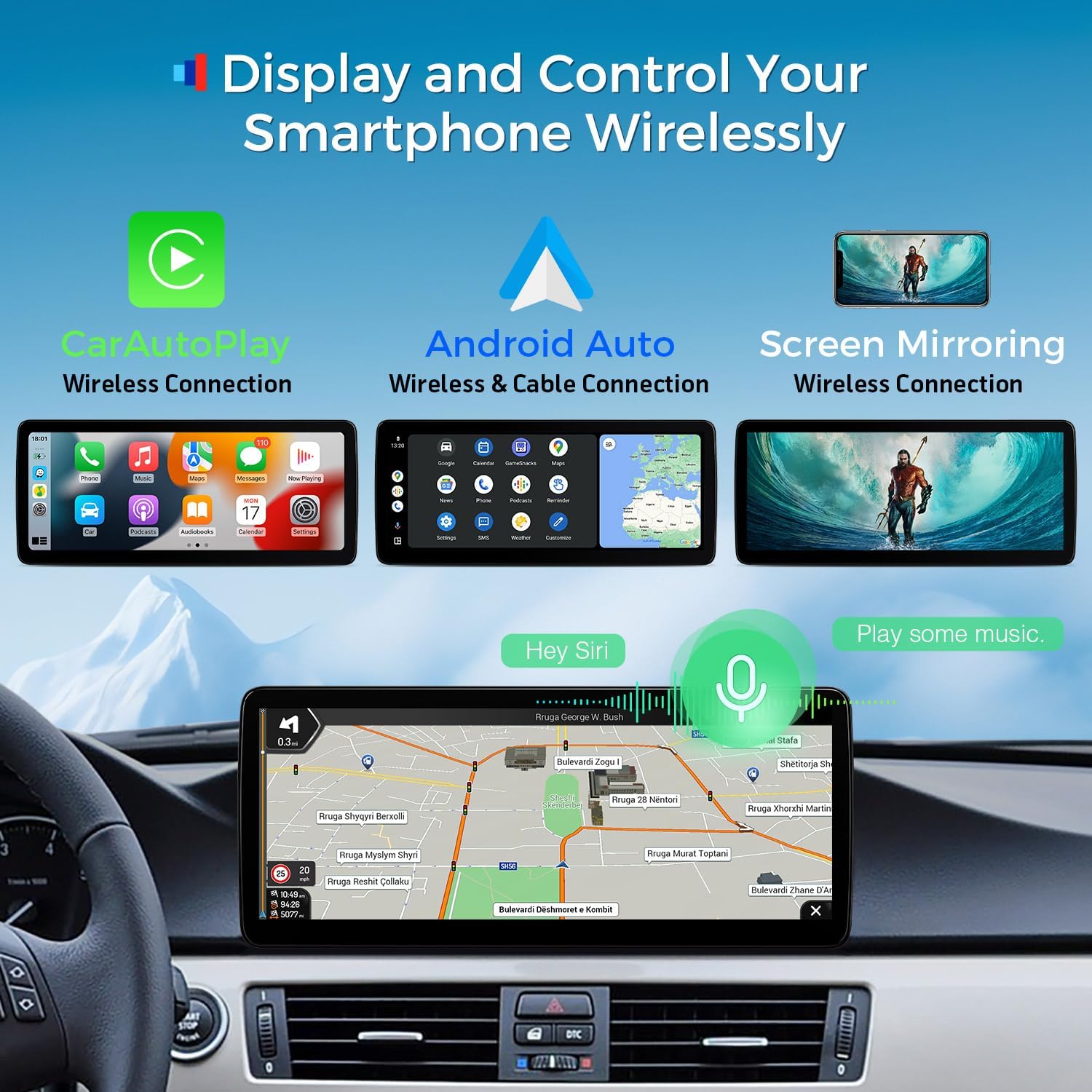 Screenshots demonstrating Wireless CarPlay, Android Auto, and Screen Mirroring functionalities.