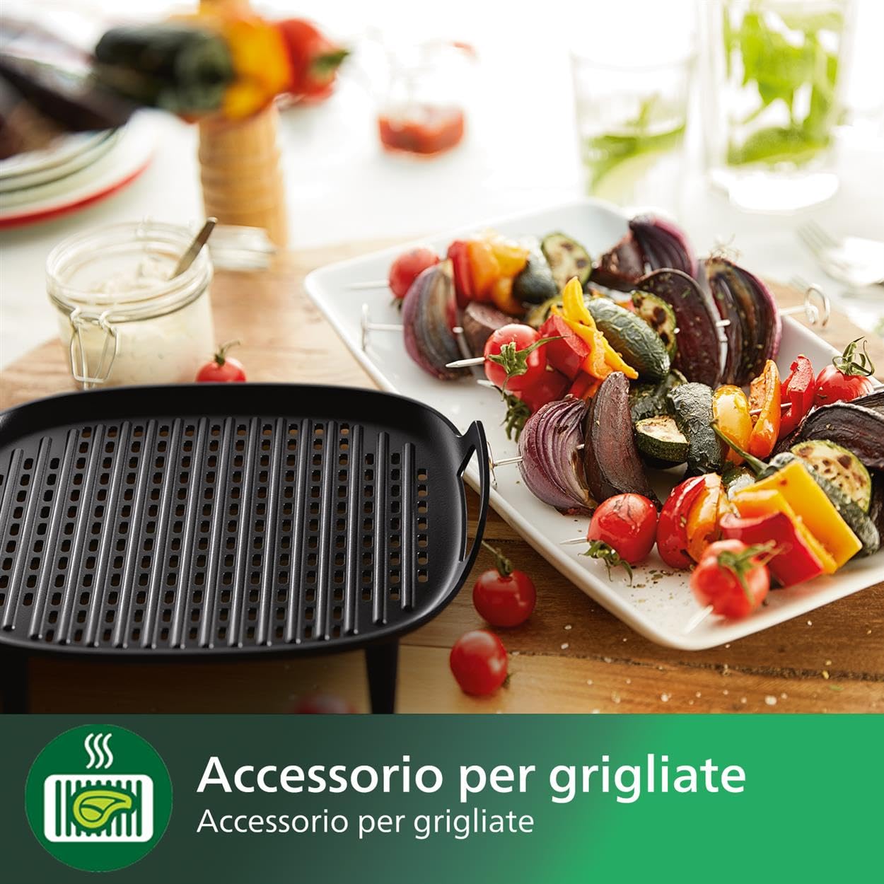 Philips Airfryer Kit Grill XXL, piastra antiaderente, cottura a doppio strato, con 6 spiedini, lavabile in lavastoviglie, app per ricette, nero (HD9959/00)