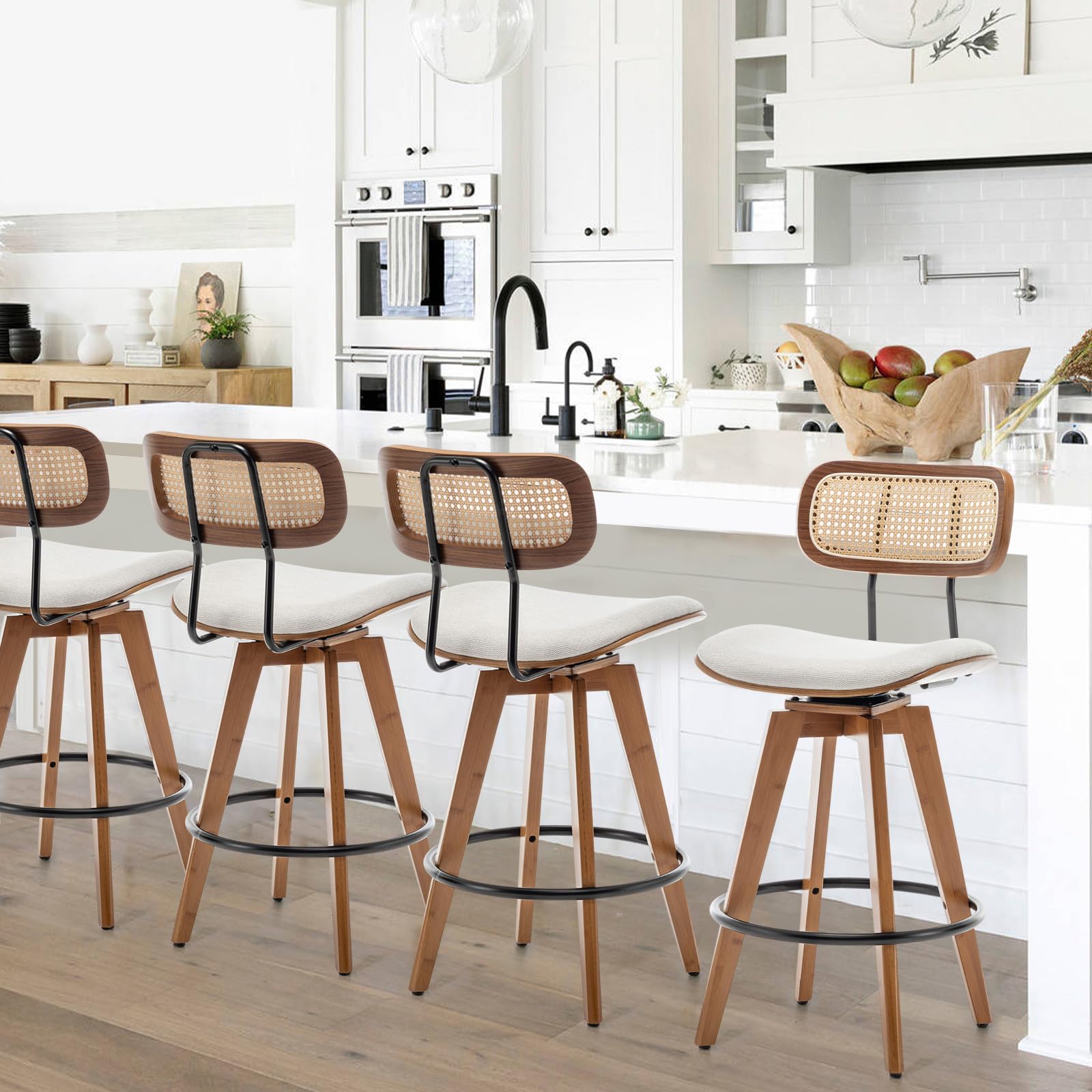 YOUUGIOR 26" Rattan Bar Stools Set of 4, Beige Linen Fabric Counter Height Swivel Barstools with Rattan Backrest and Wooden Legs,Armless Mid Century