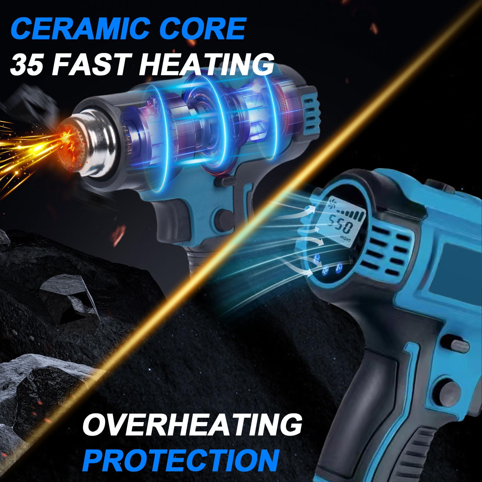 Pistola termica a batteria compatibile con batteria Makita da 18 V, con regolazione del volume d'aria a 2 livelli, temperatura fino a 550 °C e 7 ugelli per saldatura, piegatura di tubi (senza batterie