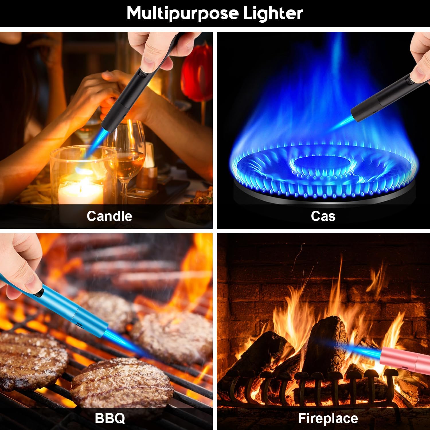 Four images showing the LcFun Torch Lighter being used for candles, gas stoves, BBQ, and fireplaces.