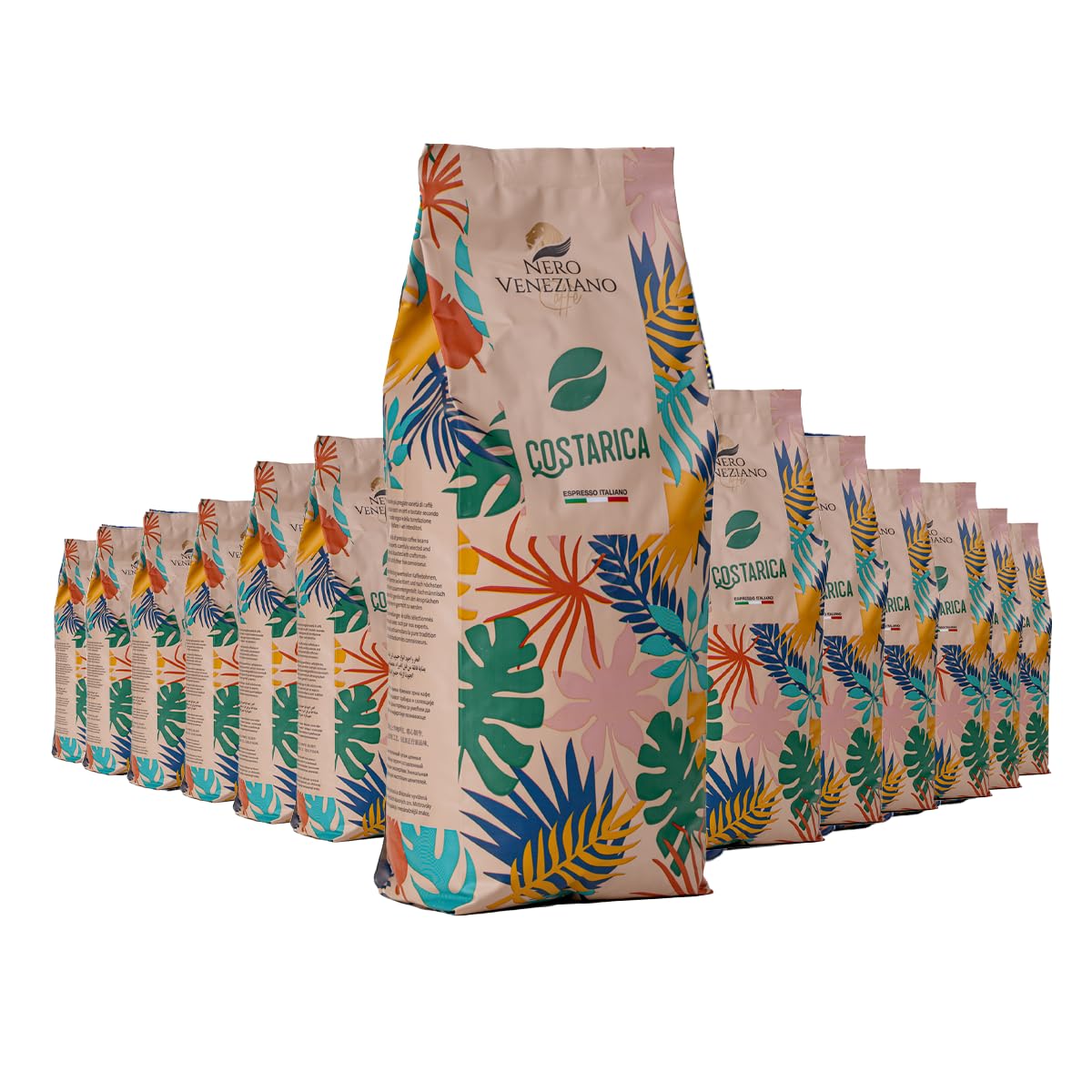 Nero Veneziano Costa Rica Caffè in Grani 1 kg, 50% Arabica 50% Canephora, Tostatura Media, Note di Bacche Rosse e Agrumi, Corpo Robusto, Bassa Acidità, per Espresso e Automatiche