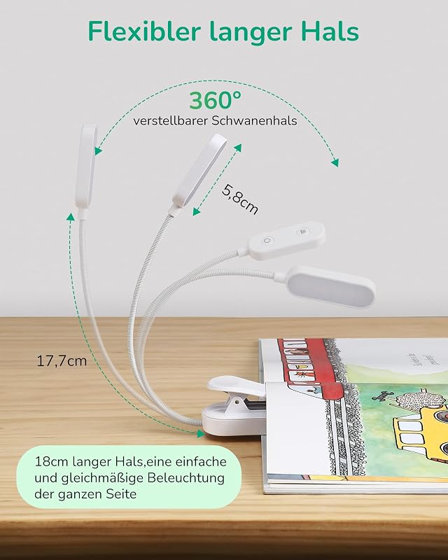 EDISHINE USB Tölthető Olvasólámpa Csipesszel - 3 Színmódú LED Könyvlámpa, Folyamatosan Szabályozható, Szembarát Fény Ágyhoz, Autóhoz