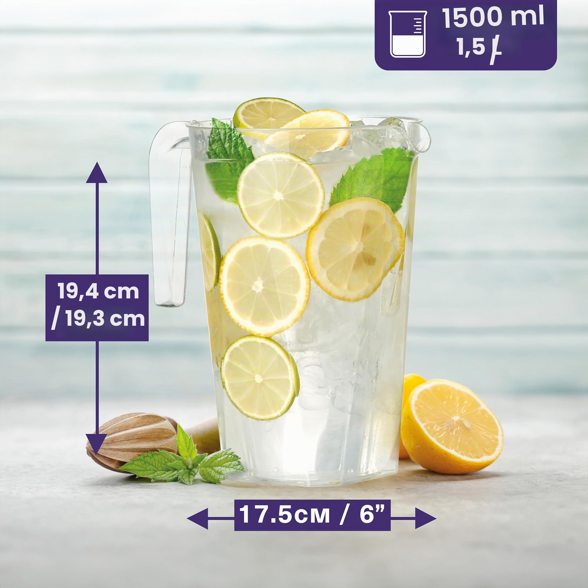 MATANA 12 Brocche in Plastica, Caraffe Trasparenti (1,5L) - Cocktail, Limonata, Punch, Sangria, Birre e Altro - Compleanni, Matrimoni, Natale, Picnic, Barbecue, Feste - Resistenti e Riutilizzabili