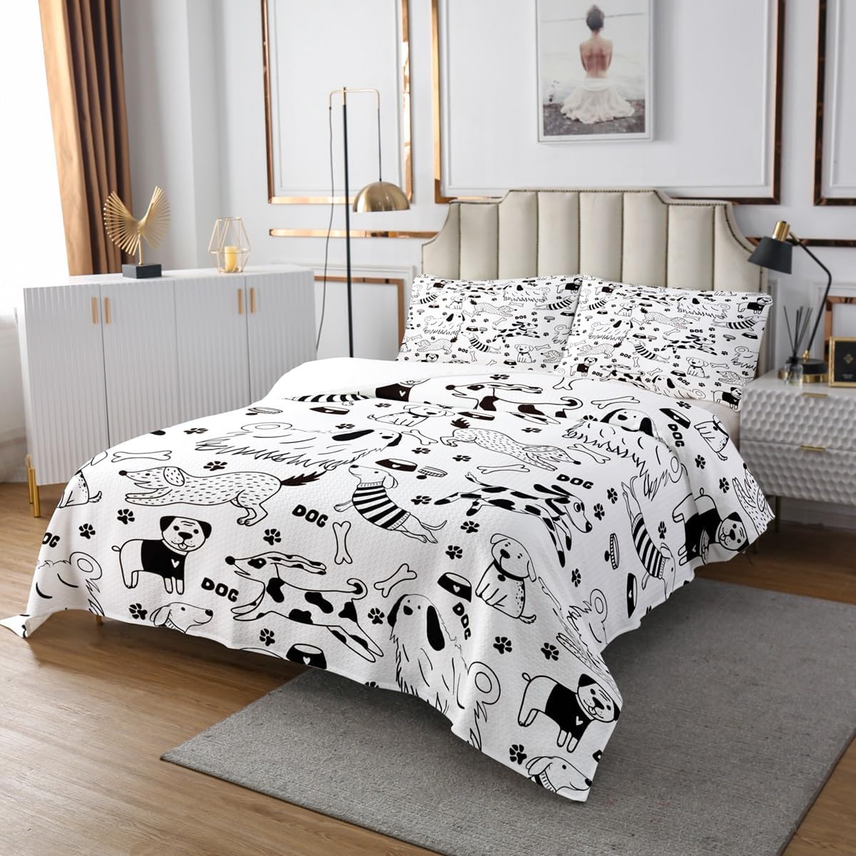 Manfei Animal Paws Bedspread King,Lovely Black and White Doggy Quilted Coverlet 3pcs for Adults Teens Room Decor,Cartoon Dog Soft Breathable Bedding Quilt