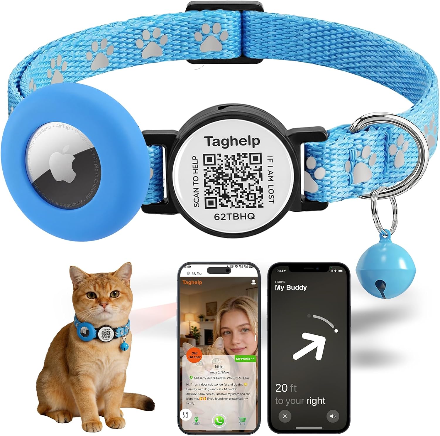 QR Code AirTag Cat Collar Breakaway Reflective with Bell - Digital Pet ID Tag for Lost Cat Recovery, Blue Paw Print Design