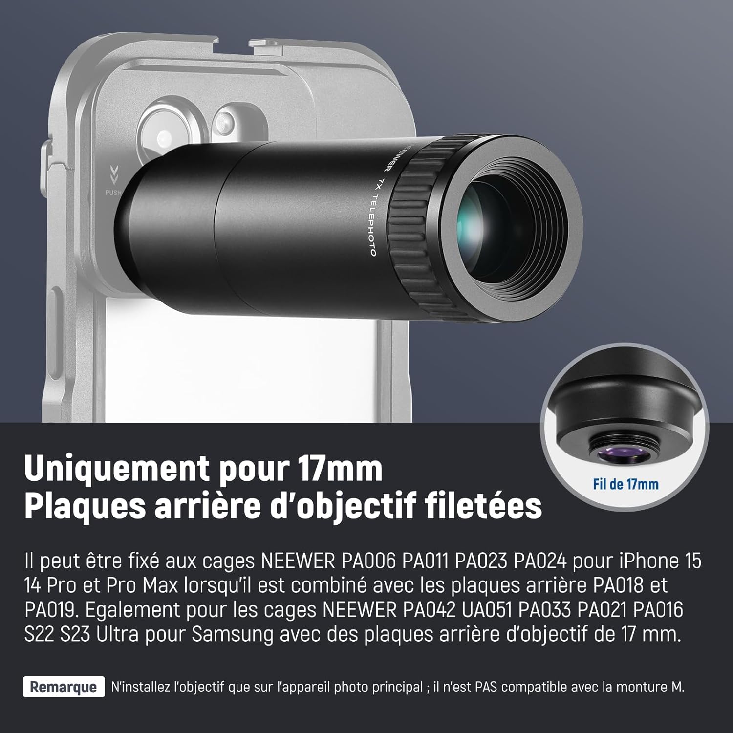 NEEWER Téléobjectif 7X Uniquement pour Cage à Filetage 17 mm/étui/Pince de téléphone, Objectif de téléphone à grossissement 7X avec 15 éléments 12 Groupes compatibles avec iPhone Samsung Cage, LS-36