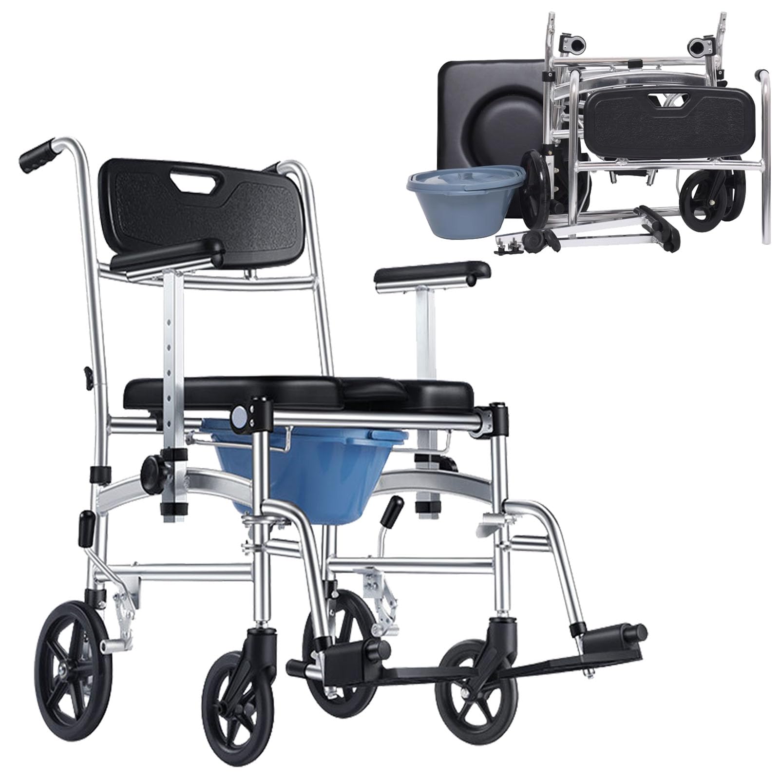 BHGFYXBS Folding Shower Chair With Adjustable Raised Arms And Padded Seat For Seniors And Pregnant Rolling Mobile Wheelchair For Toilet With Detachable Bucket And Commodes,