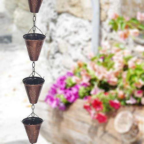 Miniatura 7 de LEPTALINA Cadenas de lluvia de hierro con cono de bronce de 8.5 pies para canalón y barril de lluvia, cadena de lluvia chapada resistente al óxido
