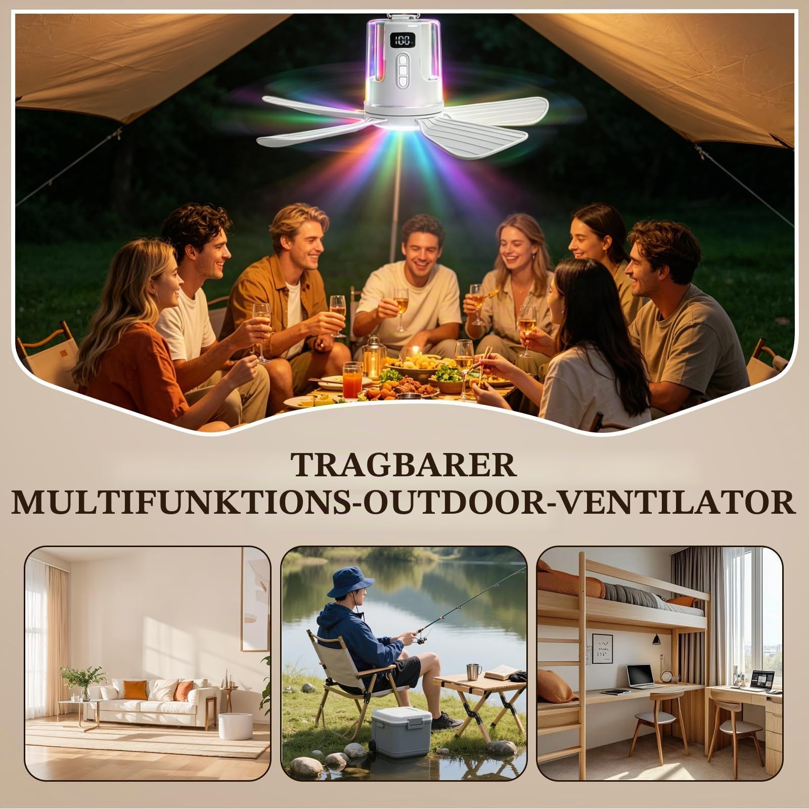 40cm Deckenventilator Akku, 12000mAh wiederaufladbarer Ventilator Lampe Decke mit Fernbedienung & LED Licht, 4 Windstufen und Zeitschaltuhr Leiser Deckenventilator für Hausgebrauch and Freien