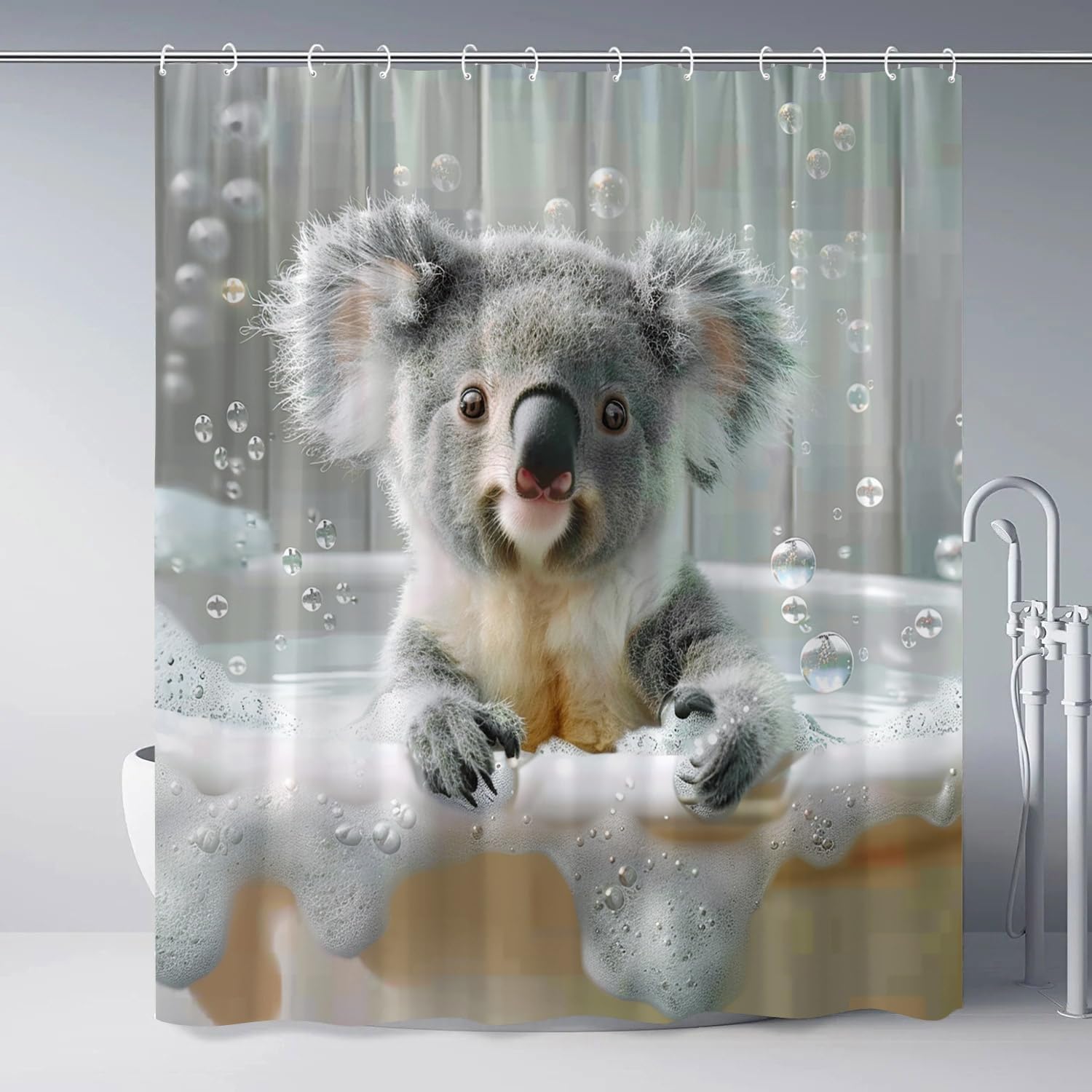 Funny Koala Shower Curtain Koala in The Bathtub Bath Bubbles Wildlife Animals Polyester Fabric Bathroom Decor Set with Hooks 70Wx90H Inch