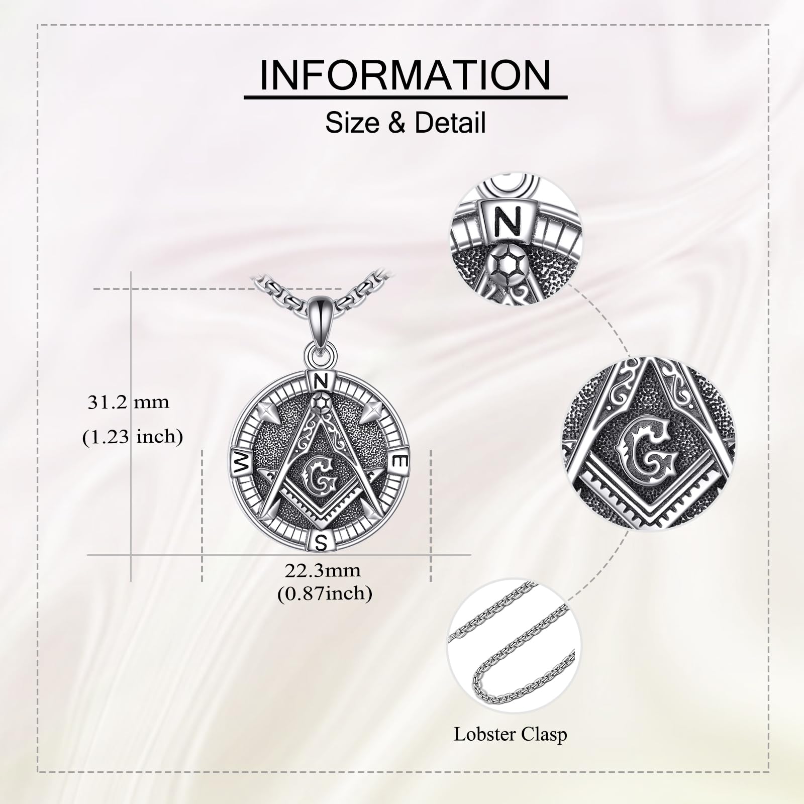 ONEFINITY Collar masónico de plata de ley 925 con colgante de brújula masónica, collar de masonería, símbolo de masón, joyería para hombre, talla única, Plata, No es una piedra preciosa