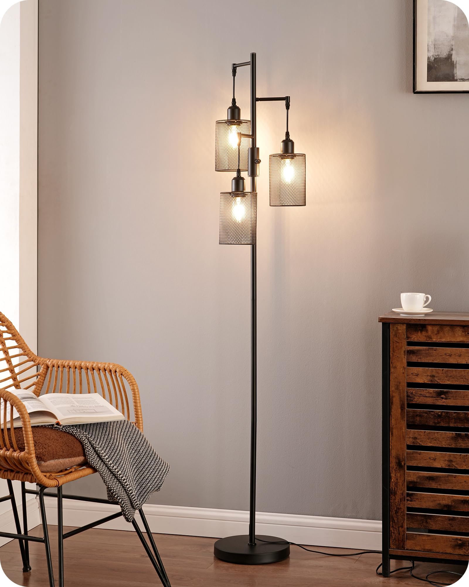 EDISHINE Stehlampe Wohnzimmer Dimmbar, 3 Käfig Lampenschirm aus Metall, 163cm Retro Standleuchte, Industrial Stehleuchte Schwarz mit LED E27 Leuchtmittel, für Modern Deko Schlafzimmer, Geschenk