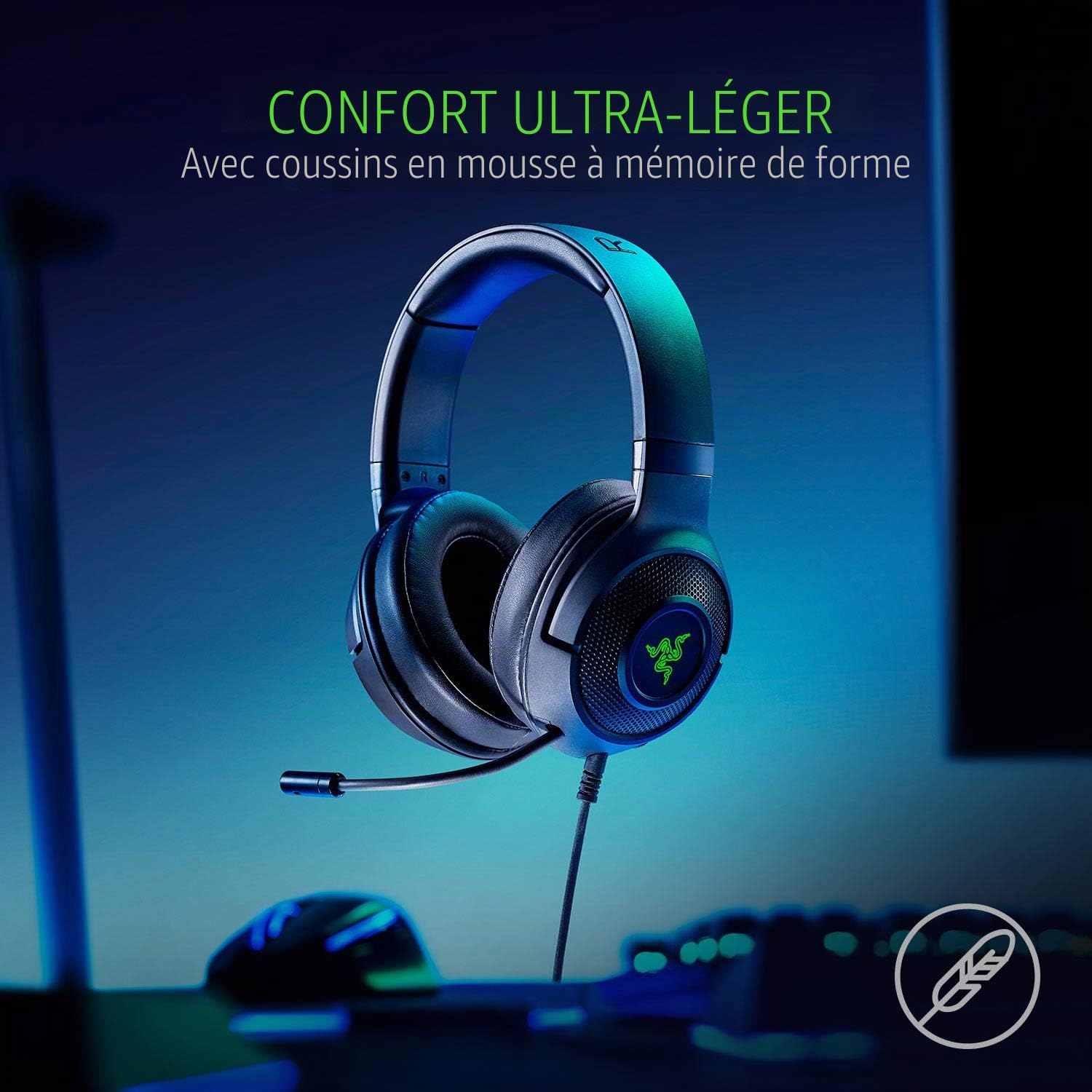Razer Kraken X Casque de Jeu Ultra-léger USB : Son Surround 7.1 - Cadre léger - éclairage Logo Vert - Commandes Audio intégrées - Microphone cardioïde Pliable - pour PC - Noir Classique