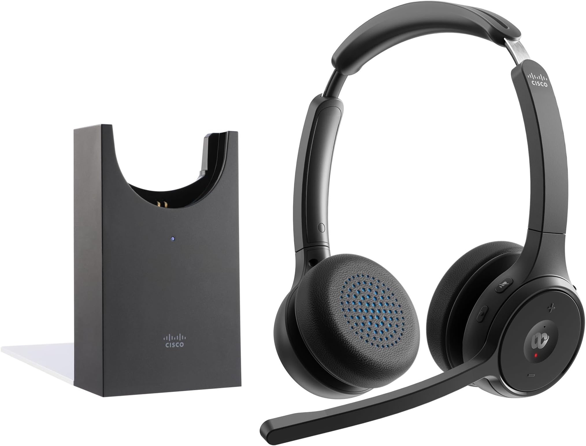 Cisco Headset 722, Wireless Dual On-Ear Bluetooth Headphones, Webex Button, USB-A HD Bluetooth Adapter, Soft Case, Charging Stand, Carbon Black, 1-Year Limited Liability Warranty (HS-WL-722-BUNAS-C)