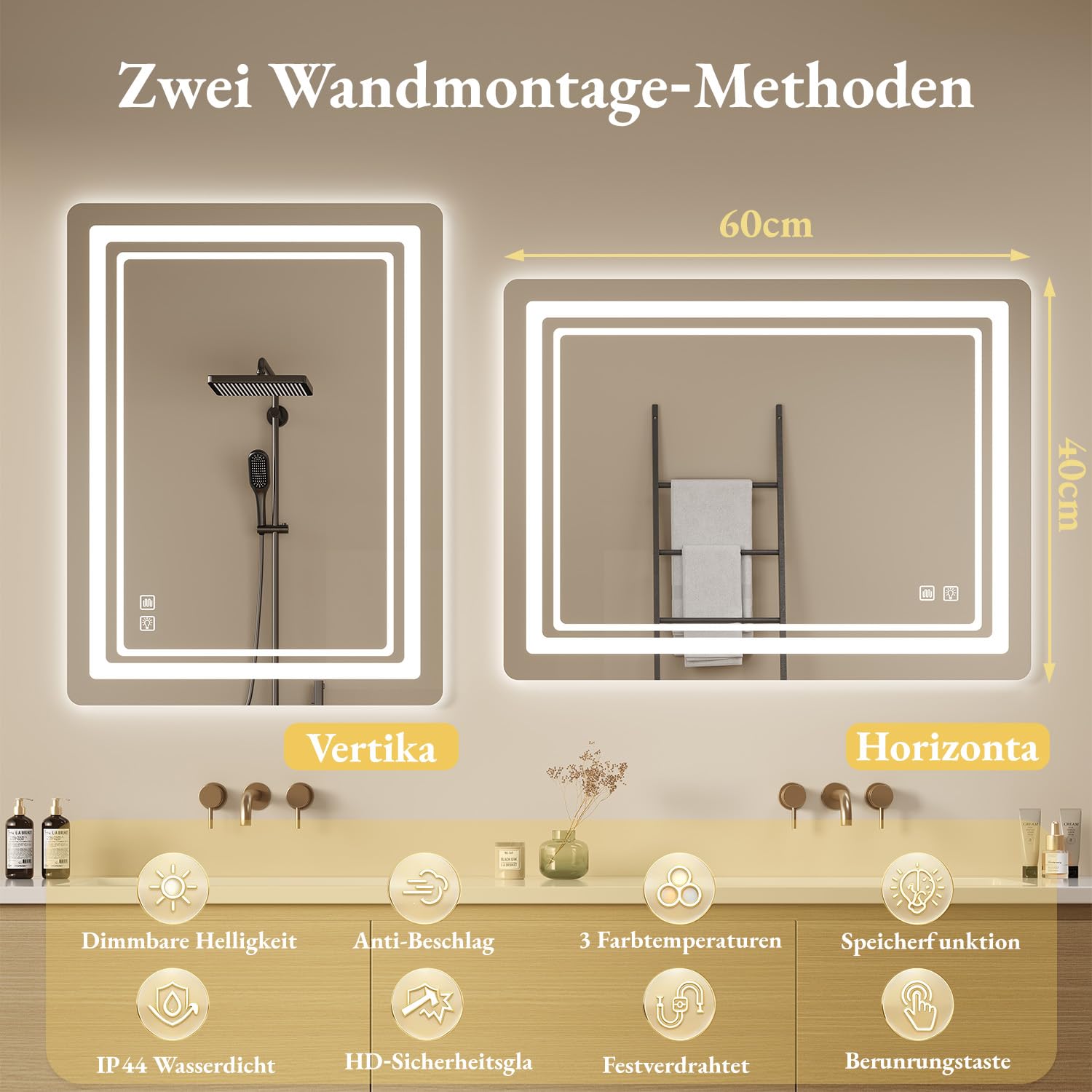 Lustro łazienkowe z oświetleniem LED, podświetlane, bez zaparowania, z włącznikiem dotykowym, 3 kolory światła, możliwość ściemniania, funkcja pamięci, IP44, 70 x 50 cm
