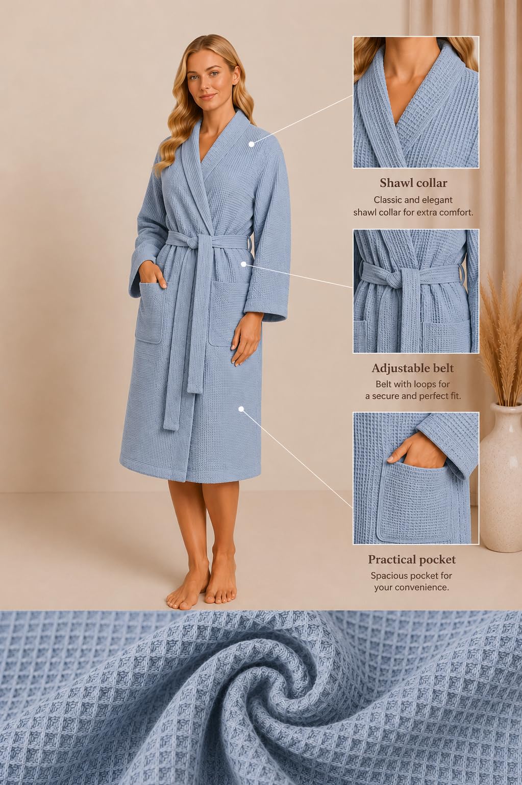 Bademantel Damen und Herren Baumwolle 100% - SPA & Sauna Bademantel Waffelpique, Saugfähig Morgenmantel, Oversize, Unisex