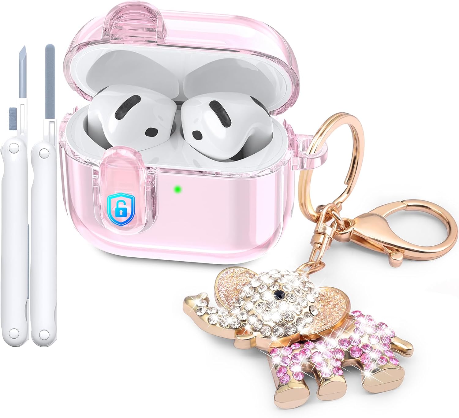 MOFREE Safety Lock Clear Case for Airpods 4 Case 2024 with Cleaner Kit & Elephant Keychain,Soft TPU Transparent airpods 4th Generation Case,Protection Cover for Cute Apple Air Pods 4 Case Women Pink
