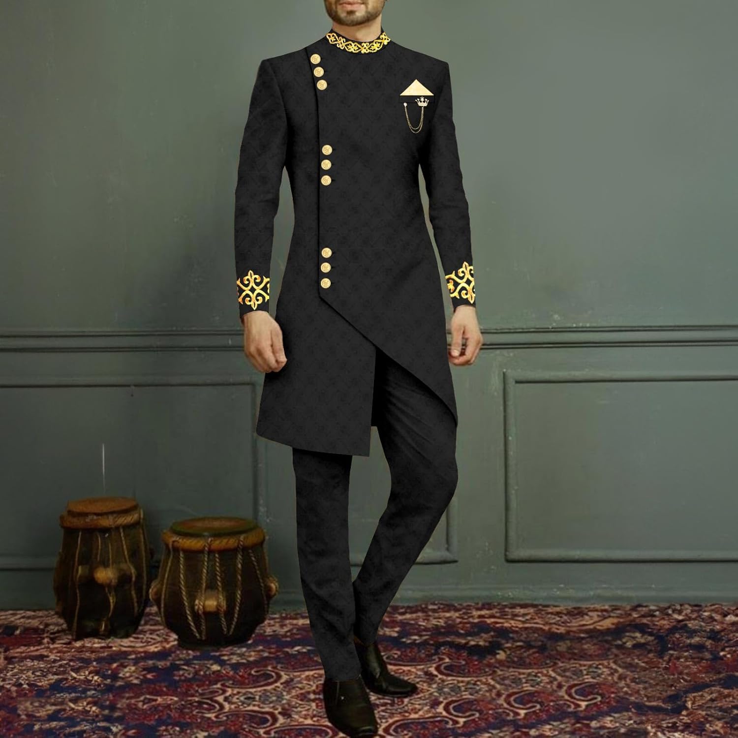 Men`s Suit Slim Fit Embroidery Single Breated Blazer and Pants Set African Clothes Formal Outfits