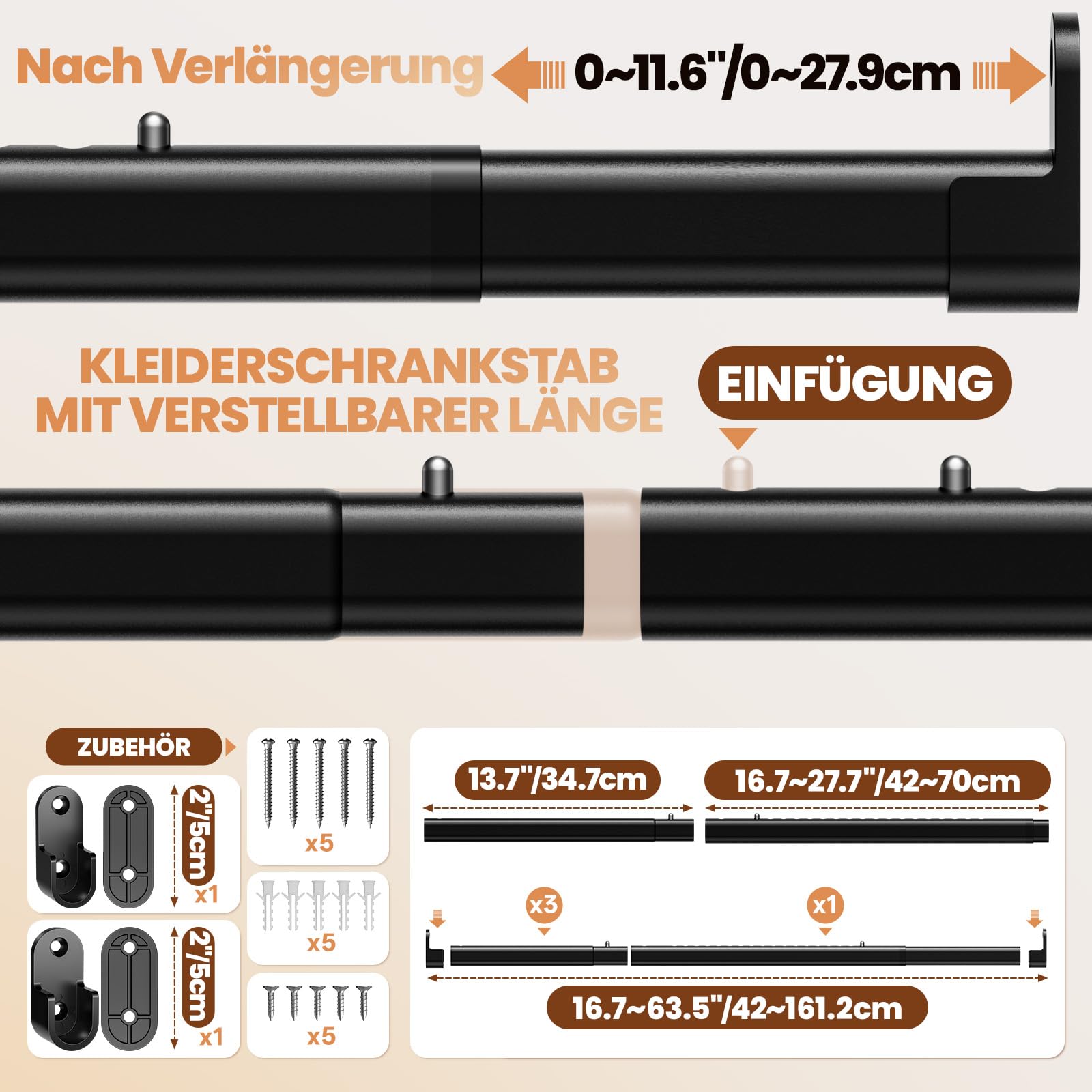 Mavivegue Kleiderstange Schrank, 42-161cm Oval Kleiderstange Ausziehbar 28mm,Kleiderstange Wandmontage für Schrank, Kleiderschrank, Waschküchen