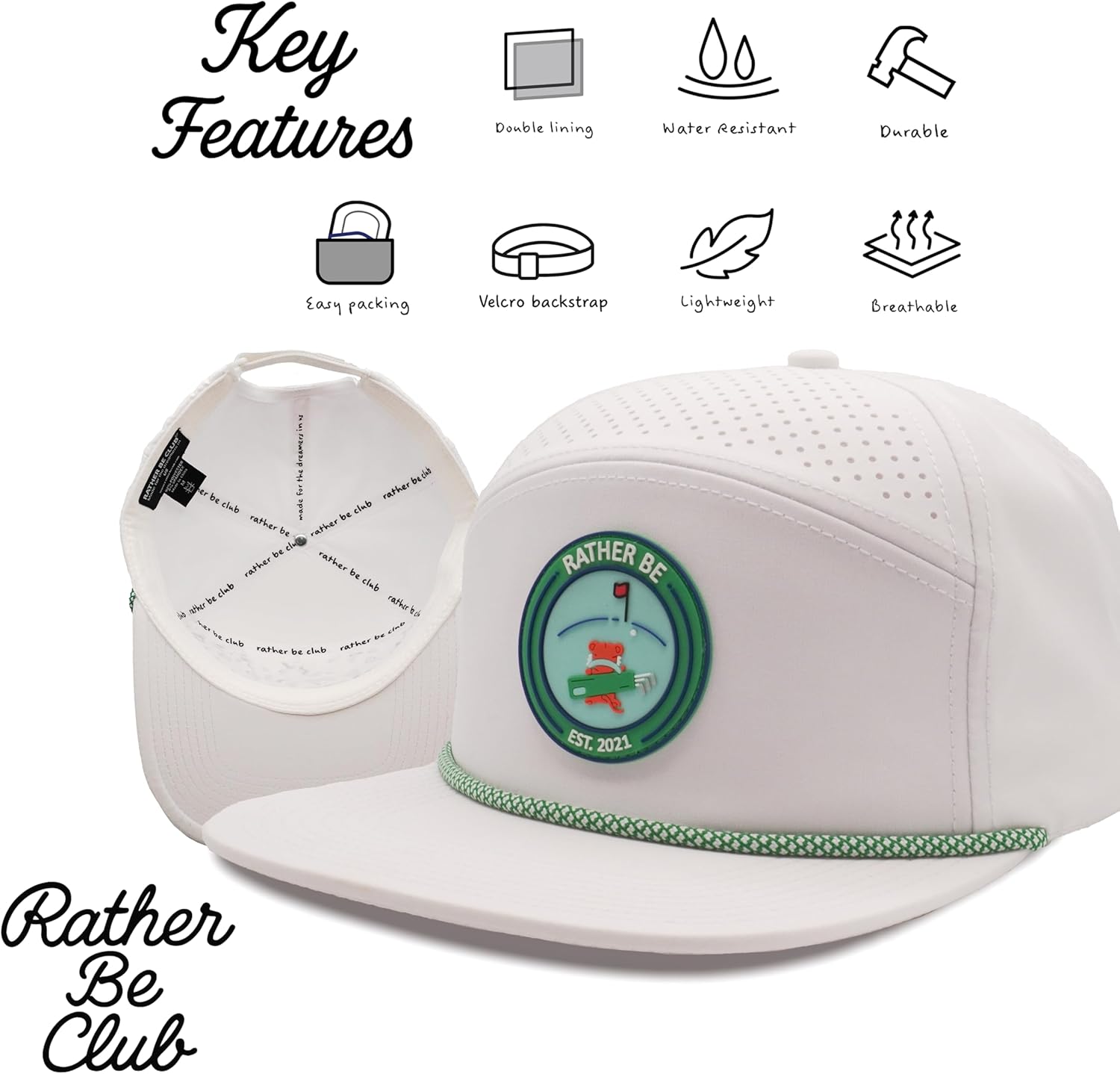 Rather Be Golfing Club Hat - White Rope with Tiger Golfing Patch, Water-Resistant Baseball Caps Large