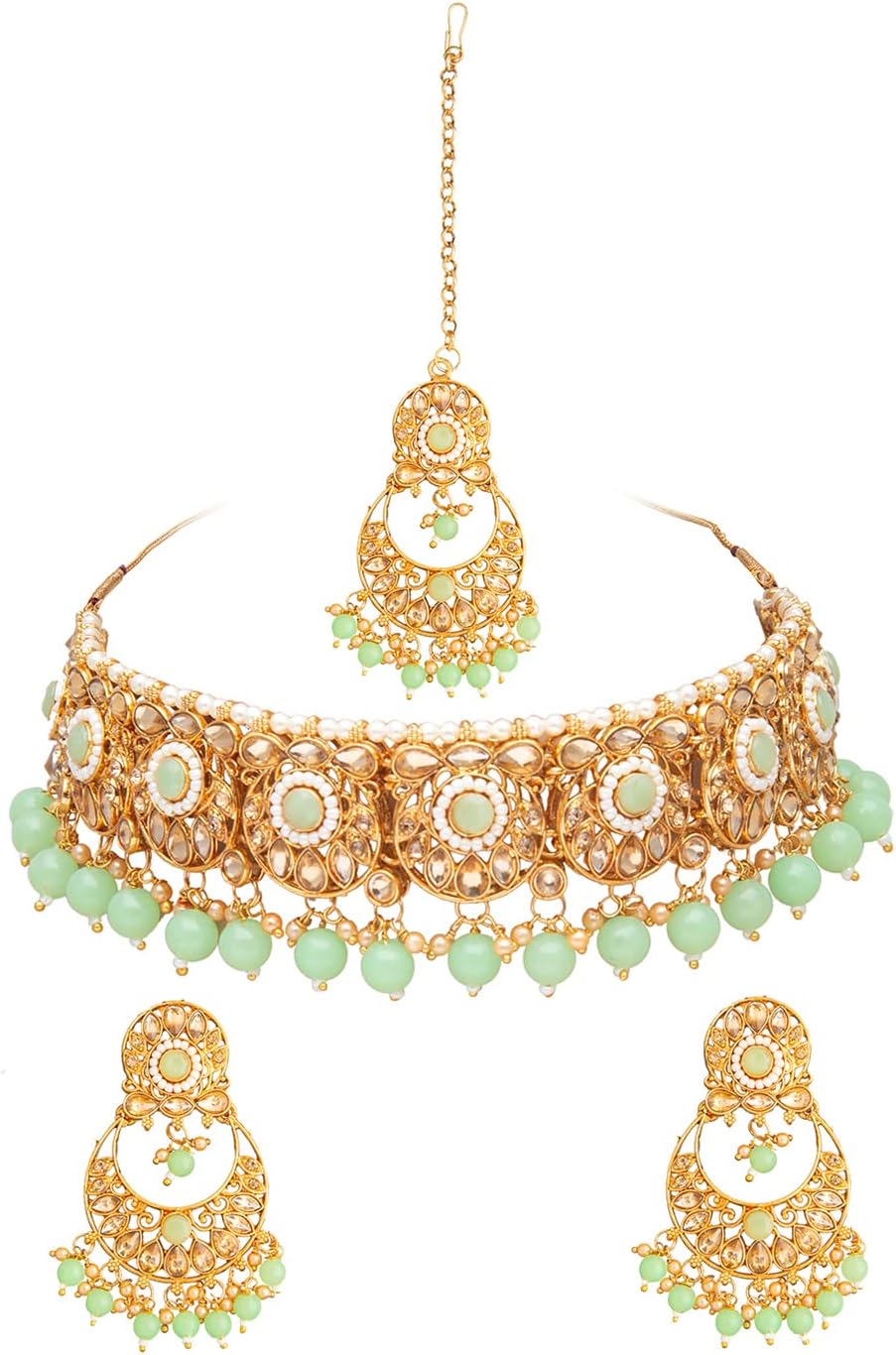 Bodha Traditional Indian Gold Plated Kundan Pearl Choker Bridal Necklace Combo Jewelry Set With Tikka and Earrings for Women (SJN_61_LG), Brass, No Gemstone
