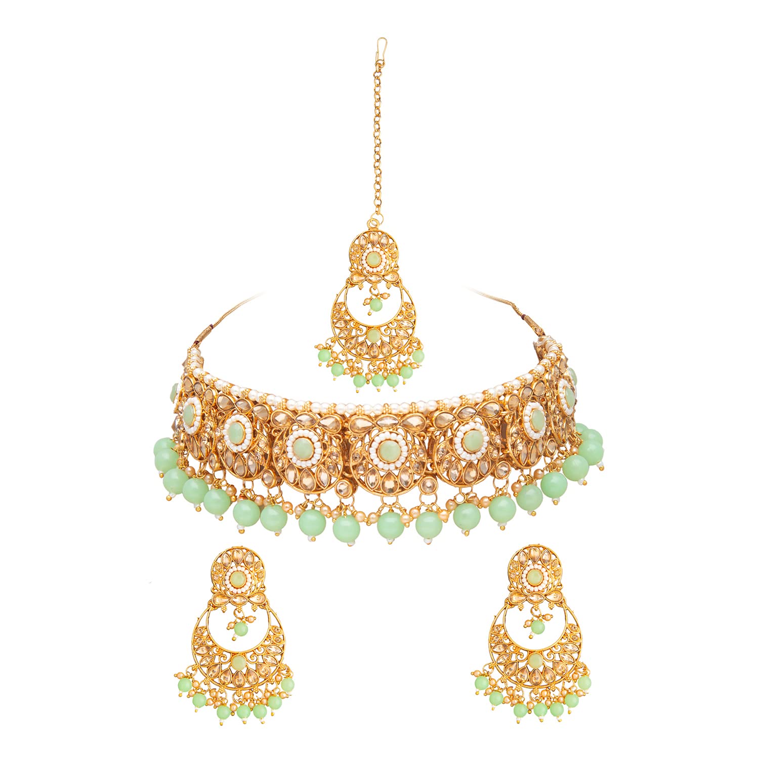 Bodha Traditional Indian Gold Plated Kundan Pearl Choker Bridal Necklace Combo Jewelry Set With Tikka and Earrings for Women (SJN_61_LG), Brass, No Gemstone