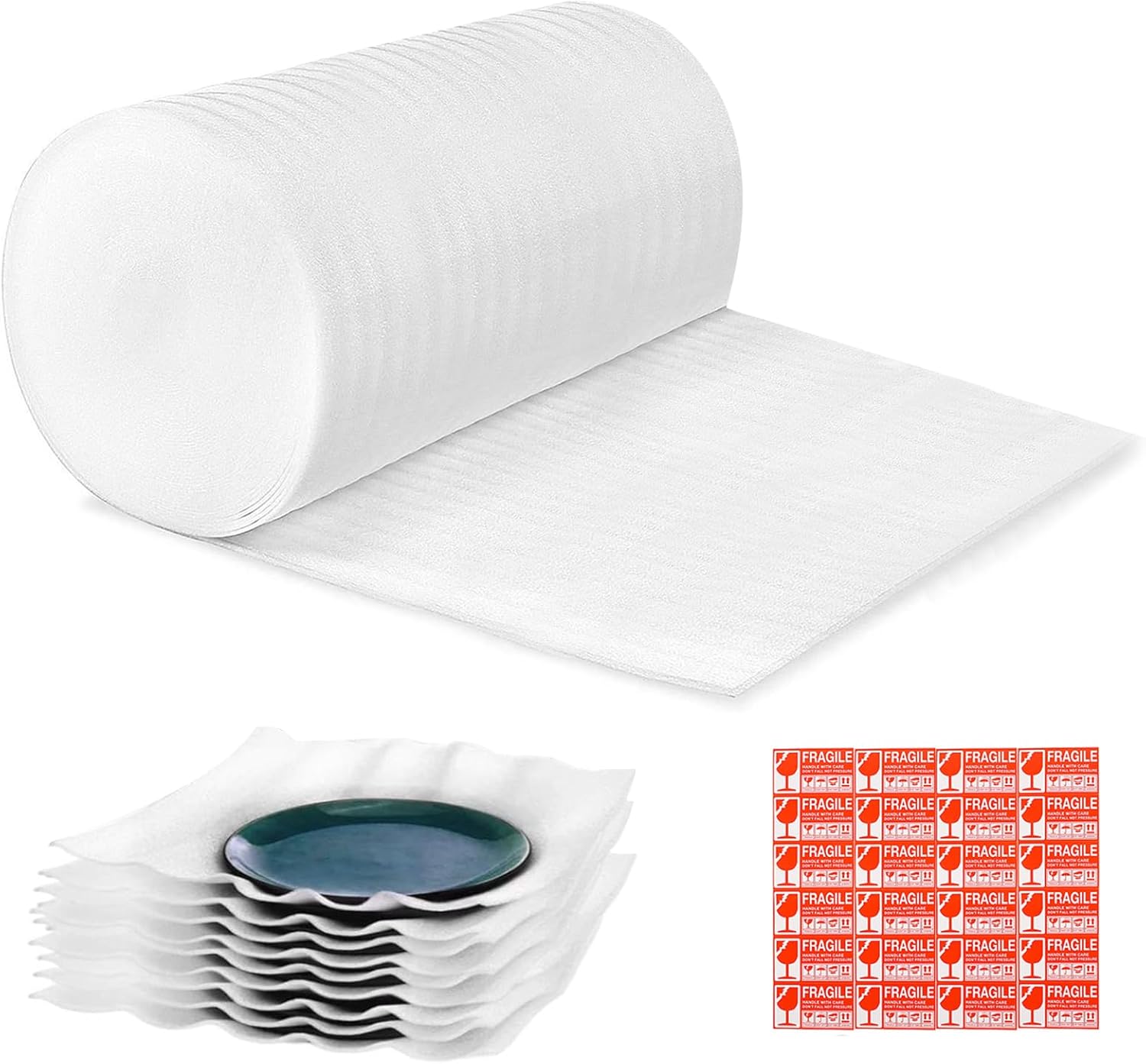 XYH Packing Foam Rolls,15 "Wide X 160' Length Foam Wrap Rolls, Moving, Shipping, Glasses, China, Dishes, Stuffing of Carton, with 60 Pcs Fragile Stickers.