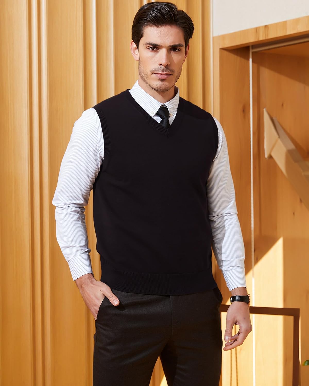 Kallspin Men's 100% Cotton Sweater Vest V Neck Regular Fit Knit Sleeveless Pullover Sweater