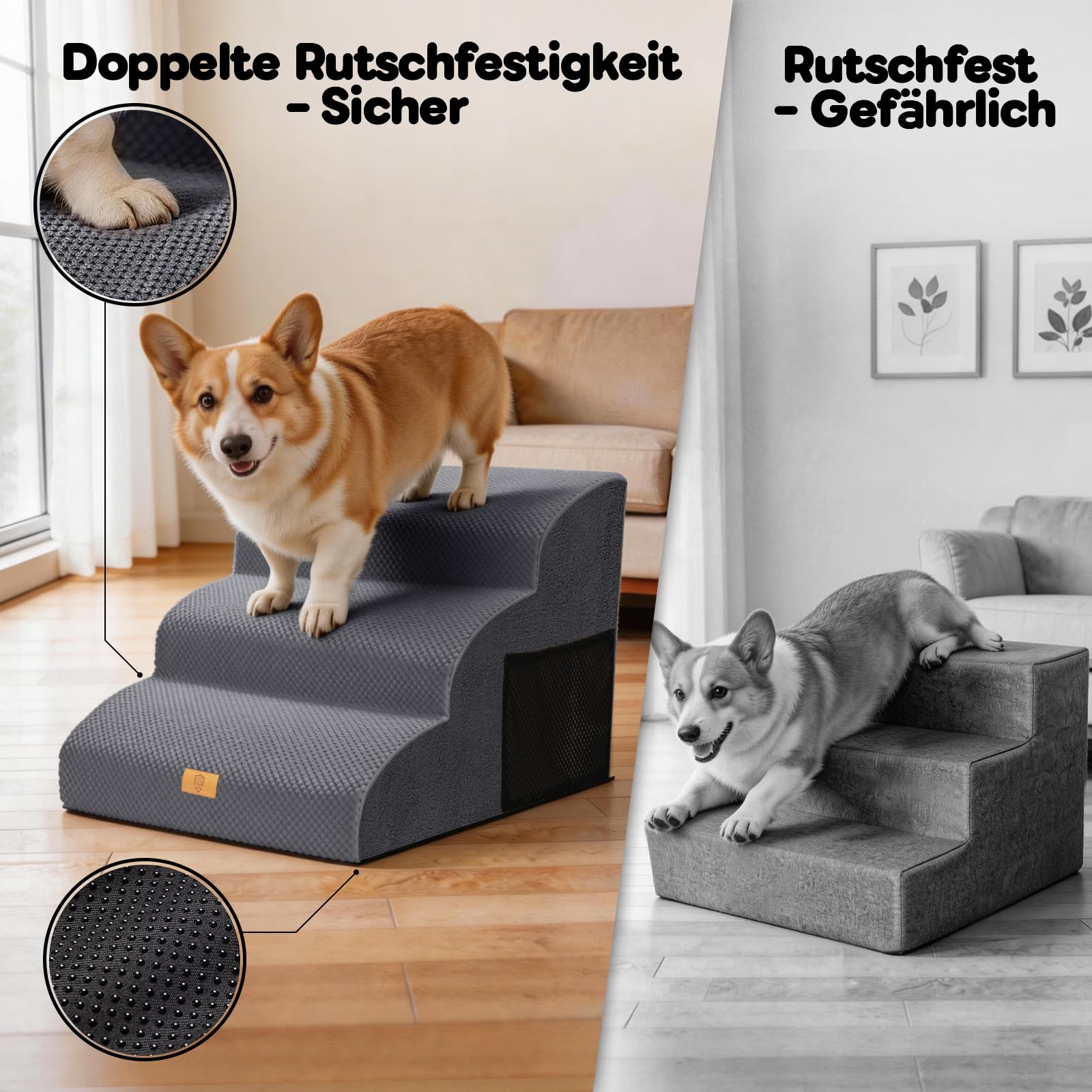 Haustiertreppe 3 Stufen, 30D Schaumstoff Hundetreppe bis 23kg, rutschfest & Waschbar, Tragegriff, Seitentasche, Gelenkschonend für Hunde Katzen, Einstiegshilfe Bett Sofa Auto, Grau 60x40x40cm