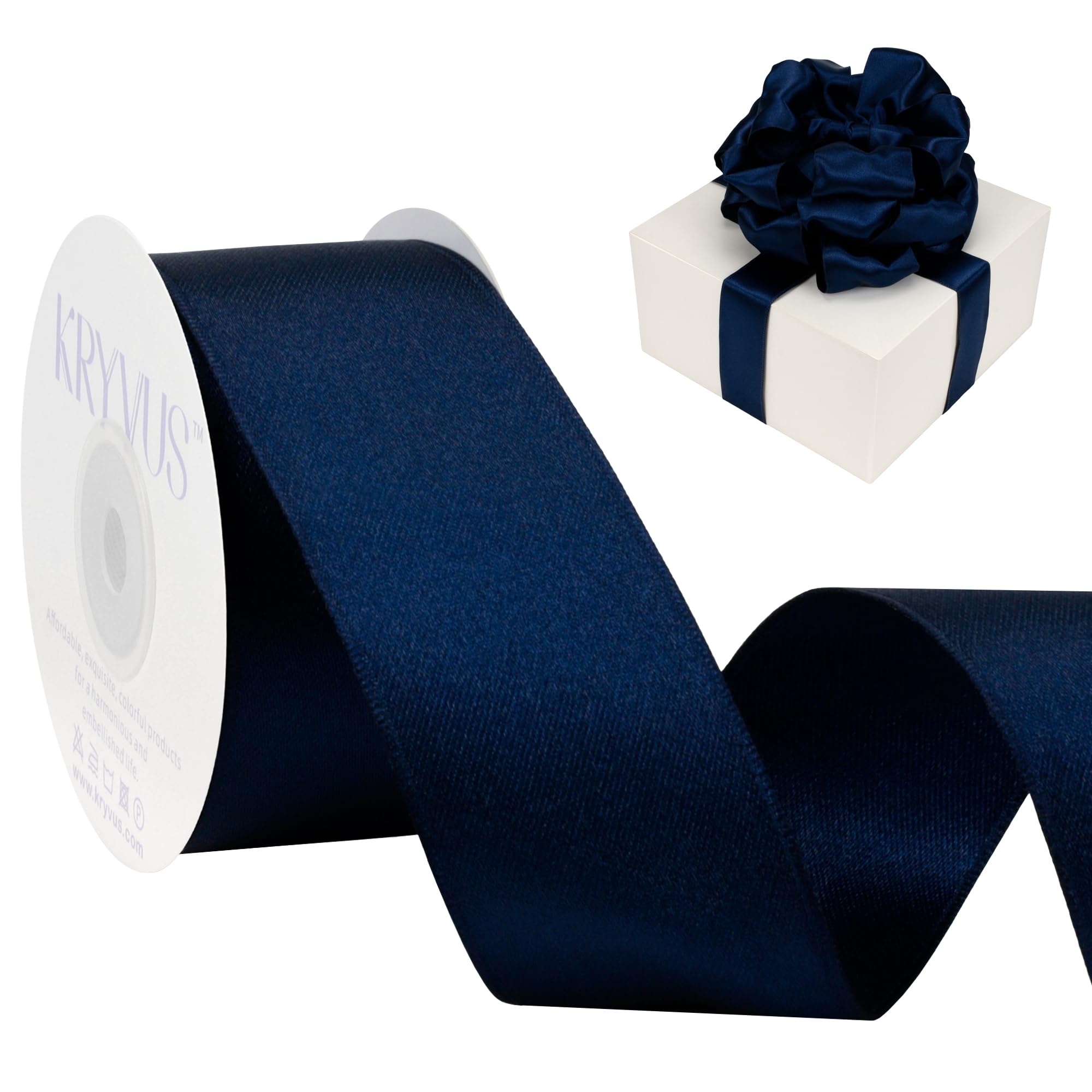 Kryvus Navy Blue Satin Wired Ribbon, 38mm X Continuous 9M Luxury Double Faced Satin Wire Edge Ribbon for Gift Wrapping, Wreaths, Flower Bouquet, Wedding Decorations, Home Decor