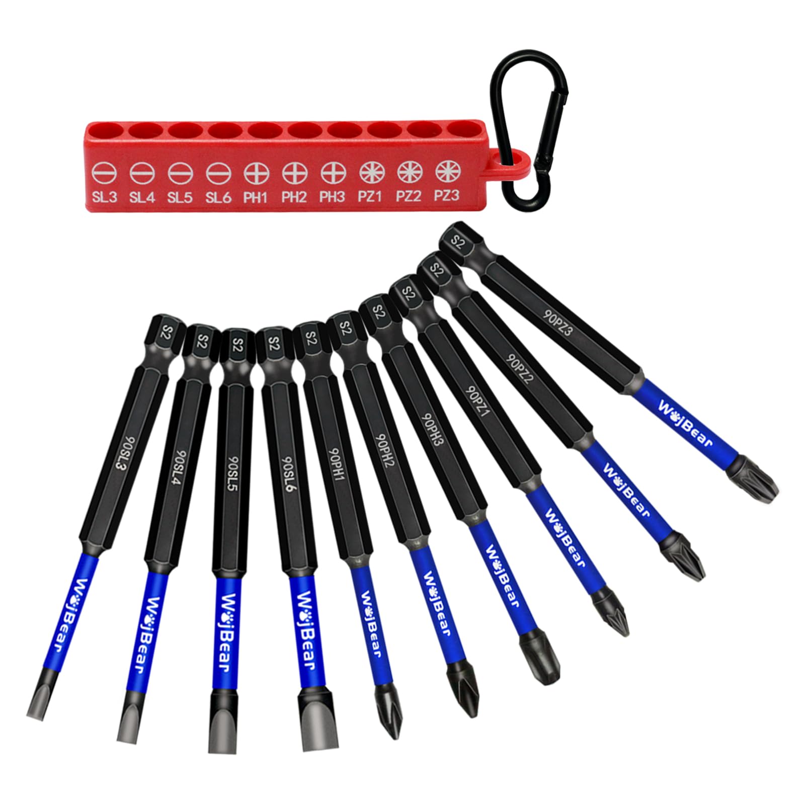 WojBear 10Pcs Magnetic Impact Driver Bits, 90 mm Long Magnetic Pozidriv Screwdriver Bits, SL3 SL4 SL5 SL6 PZ1 PZ2 PZ3 PH1 PH2 PH3