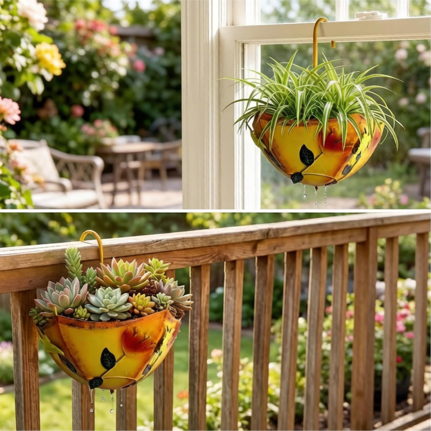 Hanging PLANTERS 2-Pack Metal Wall Planters, Farmhouse Vintage Outdoor Indoor Hanging Plant Pots with Drainage Hole, Adjustable Umbrella Shaped Planters for Porch Garden Herbs Flowers