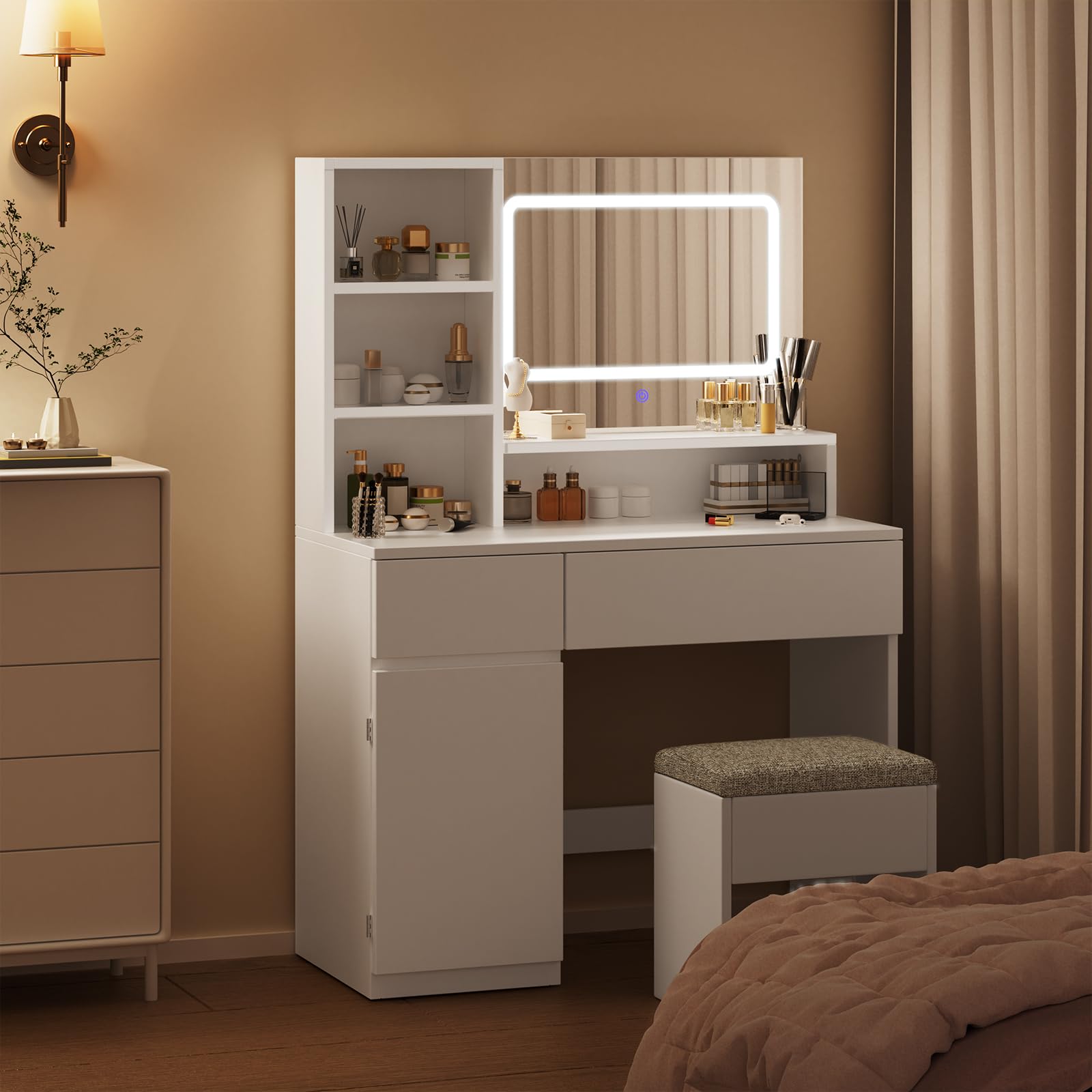 Devoko Toeletta Trucco con Specchio, Luci LED Regolabili, Ripiani Regolabili con 2 Cassetti，Postazione Trucco,Tavolo da Toilette Moderno in Legno Bianco