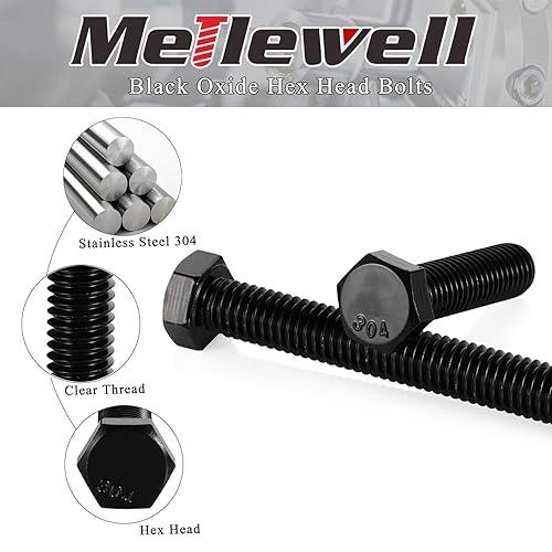 Miniatura 3 de Pernos de cabeza hexagonal de 12-13 x 5", totalmente roscados, perno de acero inoxidable 304 (18-8), acabado de óxido negro, cantidad 2