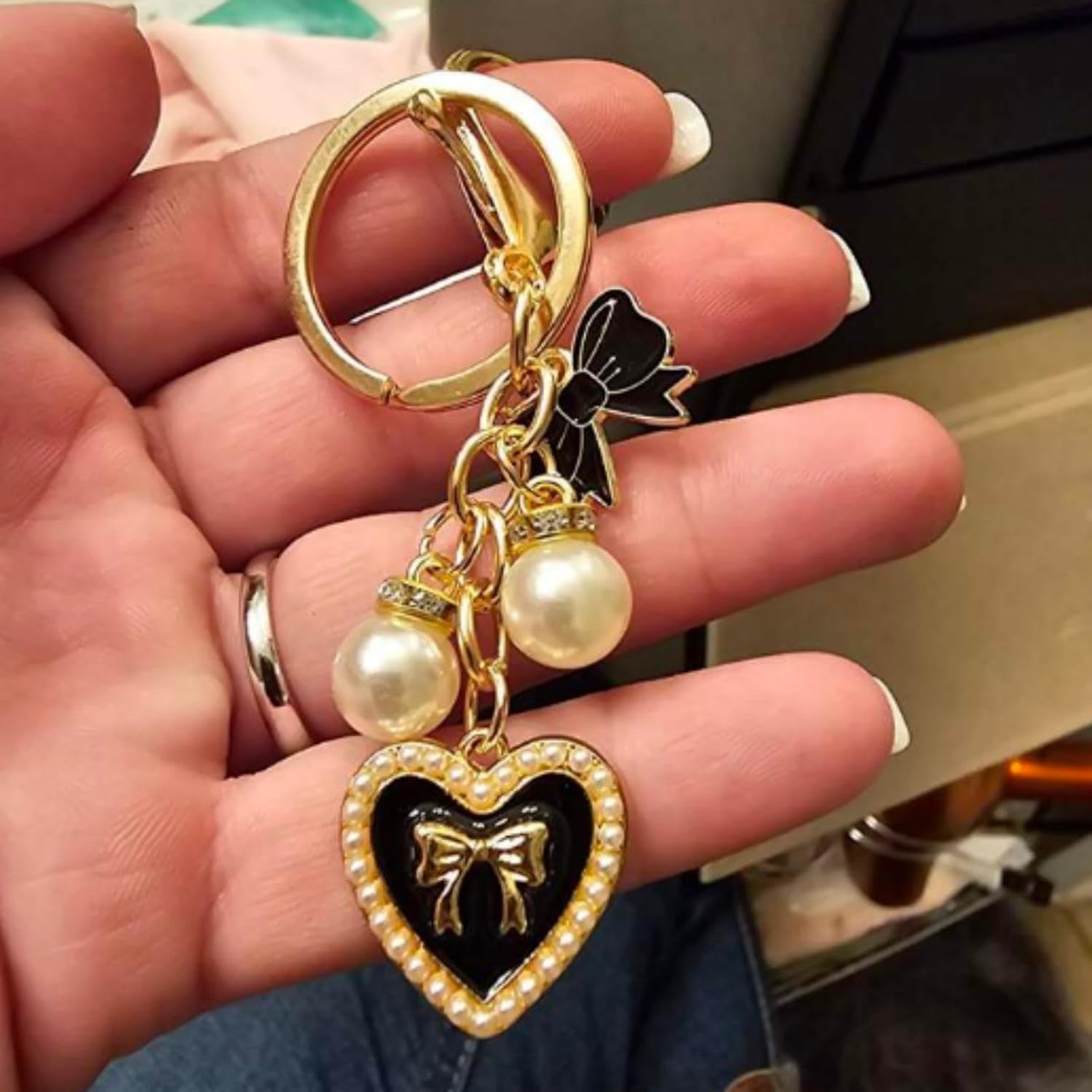 Bow Keychain For Women, Enamel Heart Pearl Pendant Light And Fresh Cute Handbag Charm Gift Accessories - Image 2