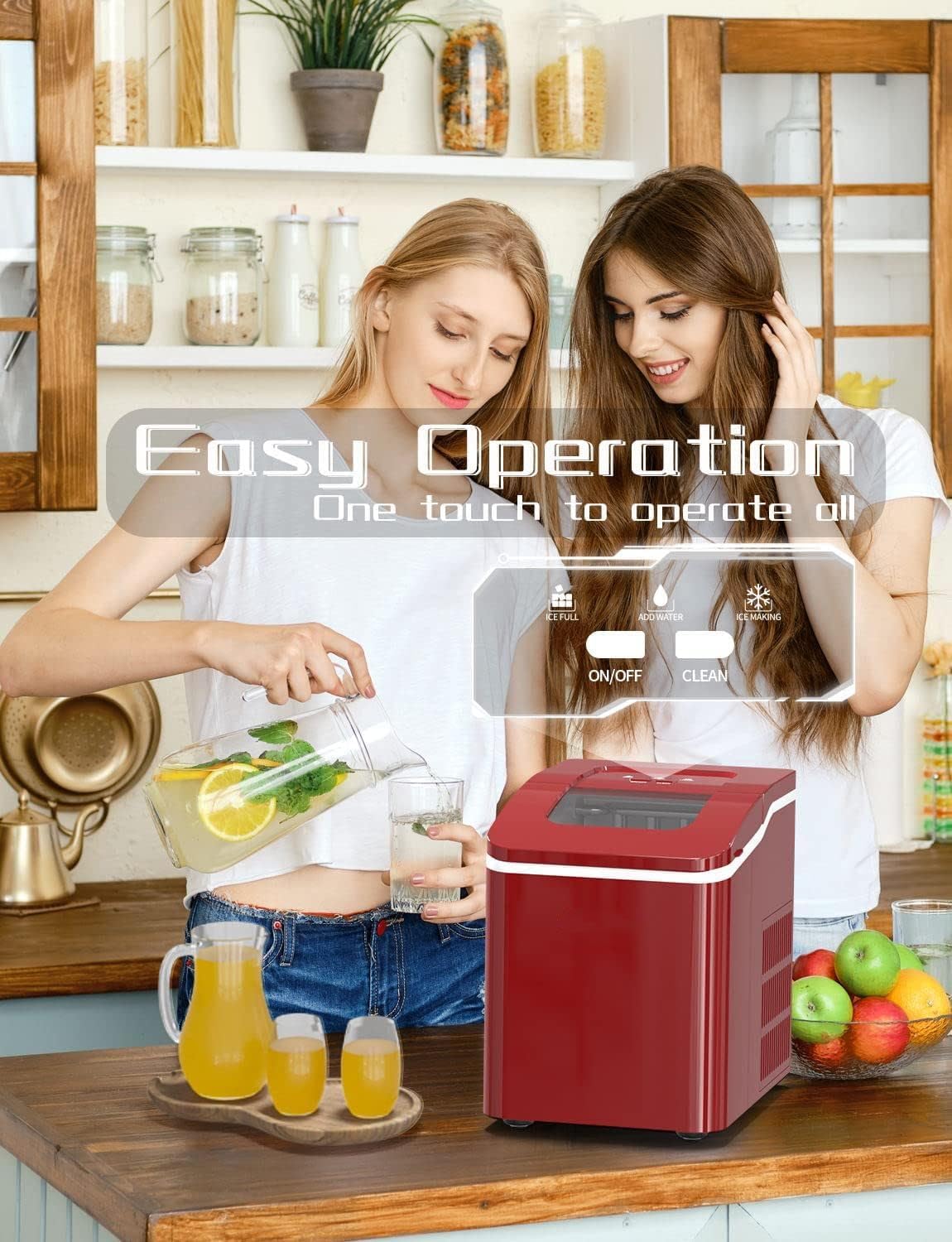 ARLIME Portable Ice Maker Machine for Countertop, Ready in 8 Mins, 26LBS/24H, Electric Ice Maker with Scoop and Basket for Home, Office, Party, Bar (Red)